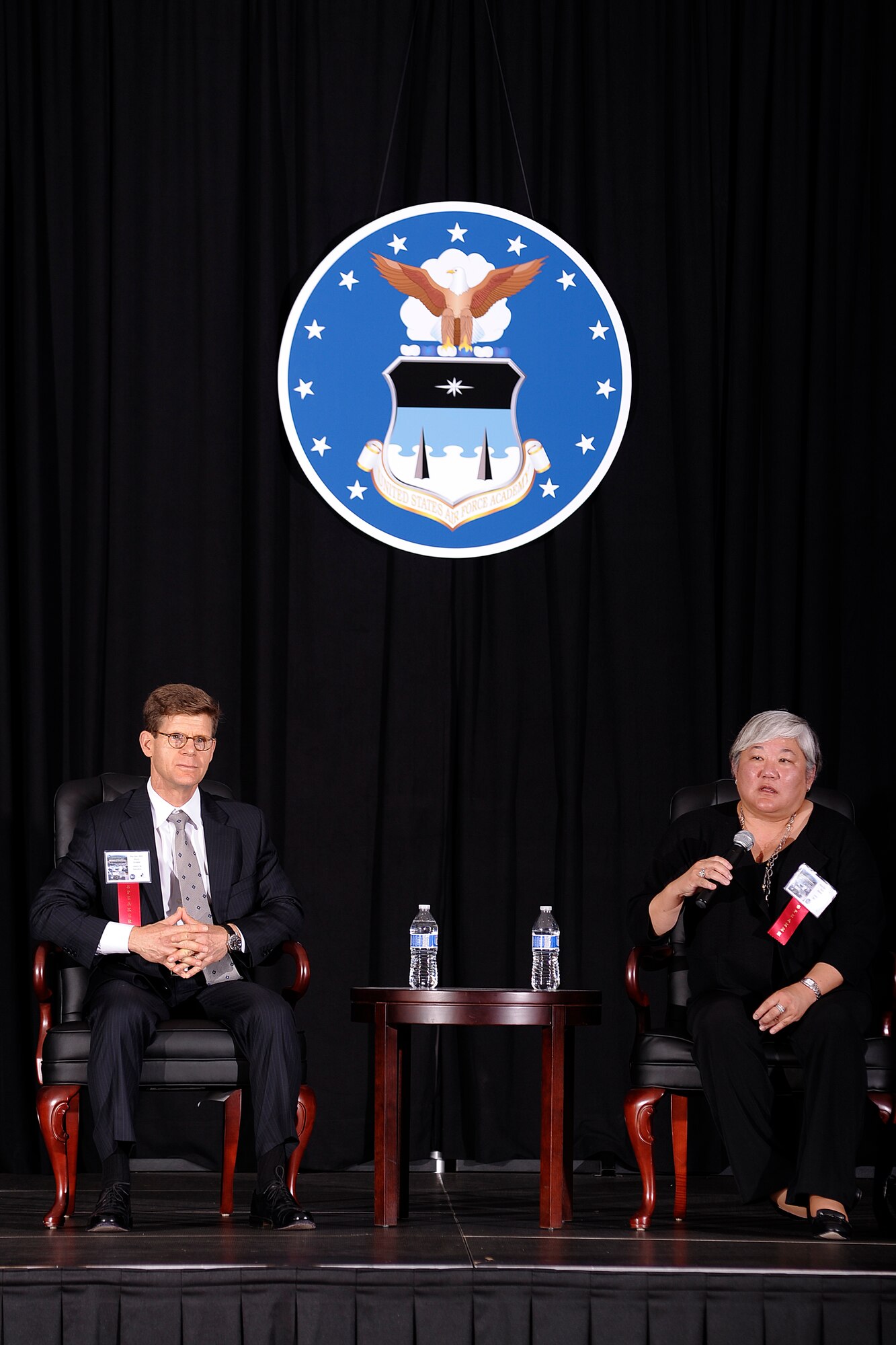 Retired Maj. Gens. Mark Graper and Susan Mashiko, graduates of the Air Force Academy's Class of 1980, share their experiences with current cadets during a Falcon Heritage Forum presentation in the Arnold Hall Ballroom here Sept. 17. The forum is a semi-annual event held by the Center for Character and Leadership Development connecting cadets with graduates from previous classes. (U.S. Air Force photo/Mike Kaplan)