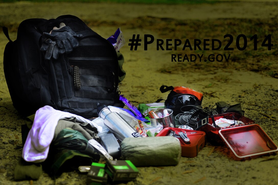 Pictured is an emergency kit, which should contain such things as first aid supplies, enough food and water to last 72 hours, personal medications, radios and flashlights with batteries, printed maps or an atlas, and any other important documents. National Preparedness Month is part of the America's Preparathon hosted by FEMA which is a campaign to raise awareness within communities to know hazards in their region. Ready.gov provides resources to gather information and how to respond if your area is affected by a natural or man-made emergency situation. (Photo illustration by Staff Sgt. Matt Davis)