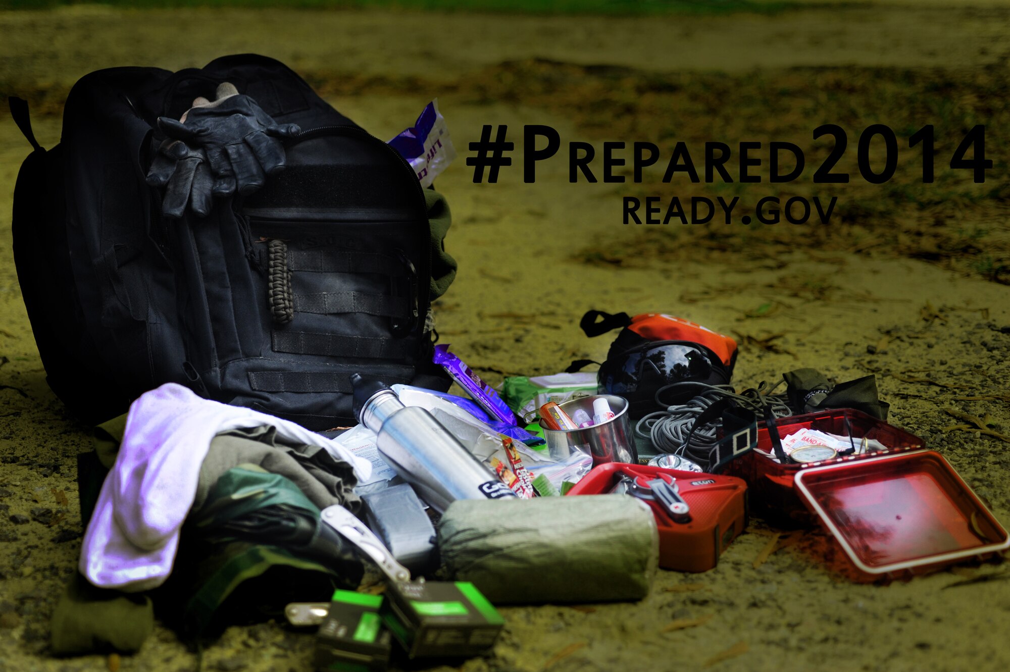 Pictured is an emergency kit, which should contain such things as first aid supplies, enough food and water to last 72 hours, personal medications, radios and flashlights with batteries, printed maps or an atlas, and any other important documents. National Preparedness Month is part of the America's Preparathon hosted by FEMA which is a campaign to raise awareness within communities to know hazards in their region. Ready.gov provides resources to gather information and how to respond if your area is affected by a natural or man-made emergency situation. (Photo illustration by Staff Sgt. Matt Davis)