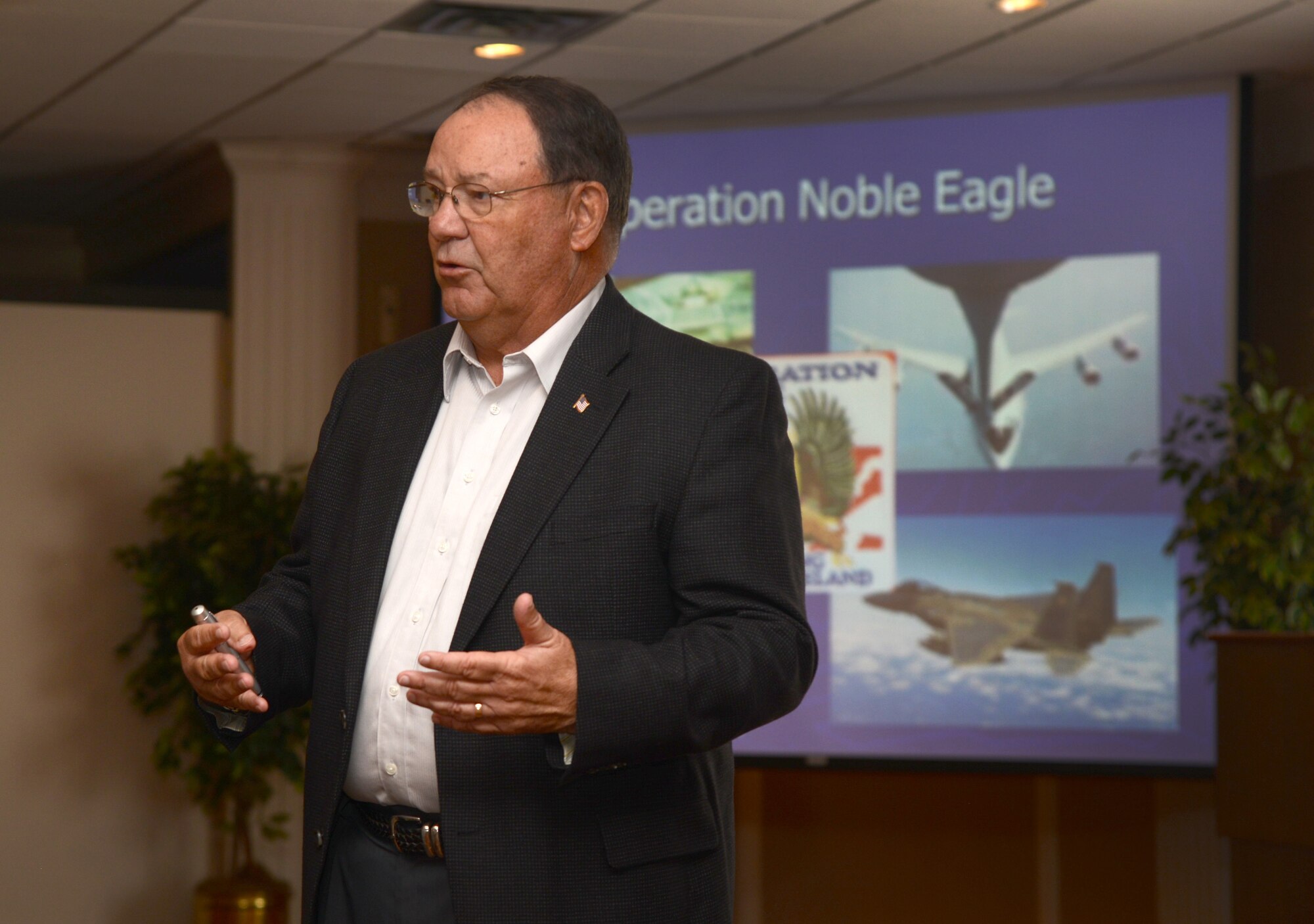 Retired Brig. Gen. Ben Robinson speaks to members of the Logistics Officer Association during a luncheon at the Tinker Club last Thursday.  He spoke about his experiences as the 552nd Air Control Wing commander and about the events at Tinker Air Force Base and with AWACS during 9/11 and the time thereafter.