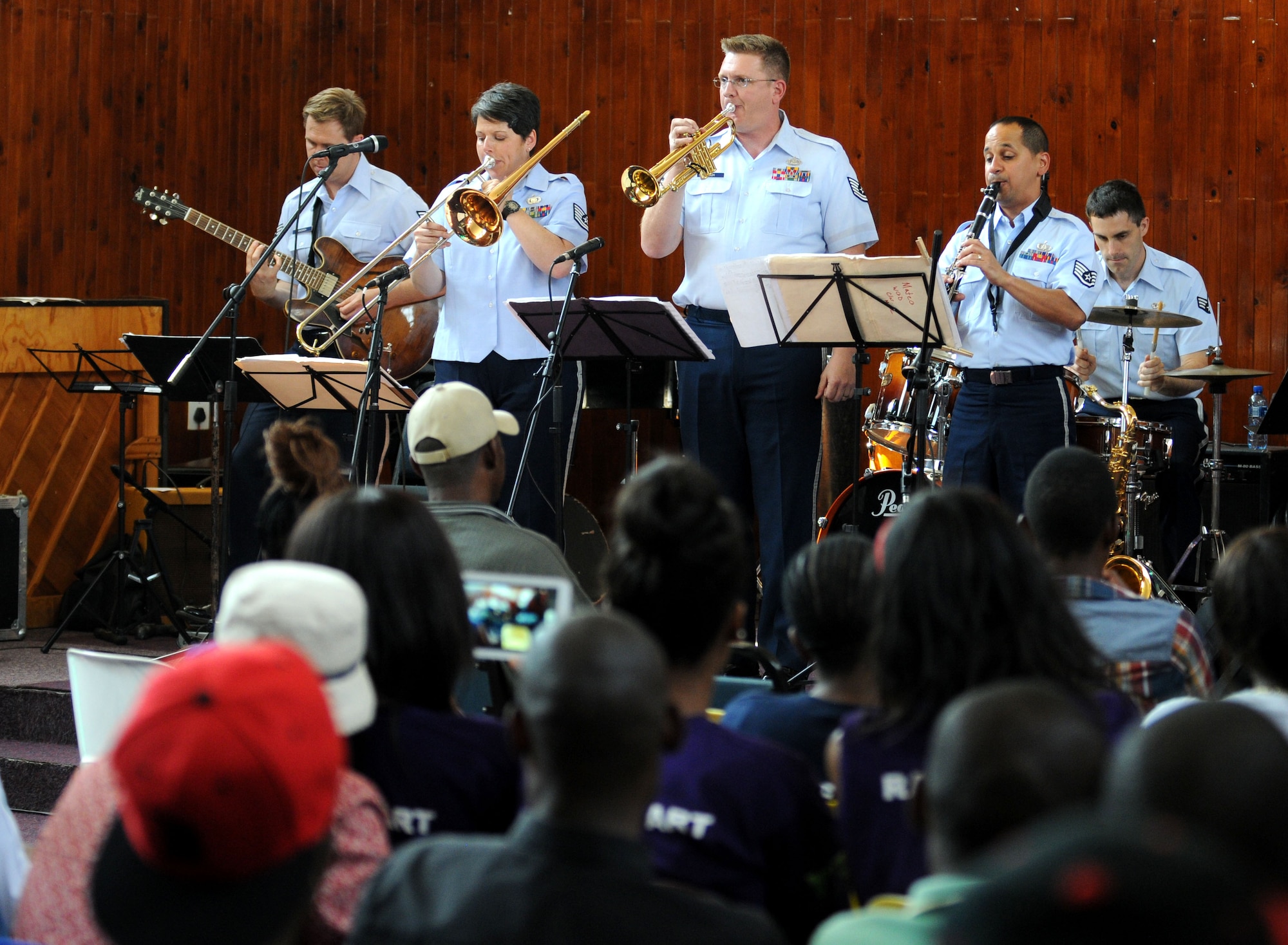 The U.S. Air Forces in Europe jazz band, Wings of Dixie, plays a song for nearly 150 music students during a free, live concert, Sept 18, 2014, at the Music Academy of Gauteng in Benoni, South Africa. In addition to the concert, the band led a music workshop to enhance the student’s’ knowledge on certain instruments. (U.S. Air Force photo/Tech. Sgt. Austin M. May/Released)