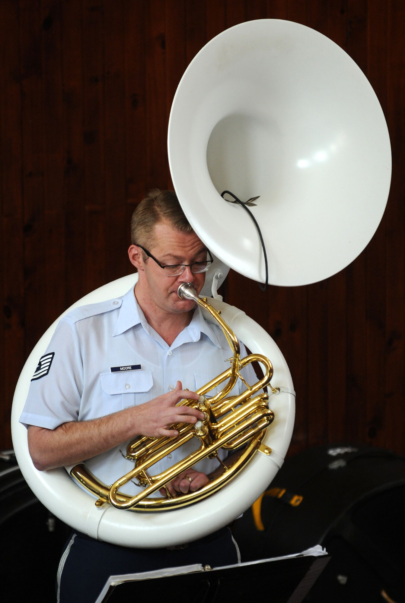 Tech. Sgt. Chris Moore, U.S. Air Forces in Europe jazz band, Wings of Dixie sousaphonist, plays during a free, live concert at the Music Academy of Gauteng in Benoni, South Africa, Sept 18, 2014. Moore and the five other members of Wings of Dixie held a jazz workshop before playing a two-hour musical set featuring the musical styles of jazz, funk and blues. (U.S. Air Force photo/Tech. Sgt. Austin M. May/Released)