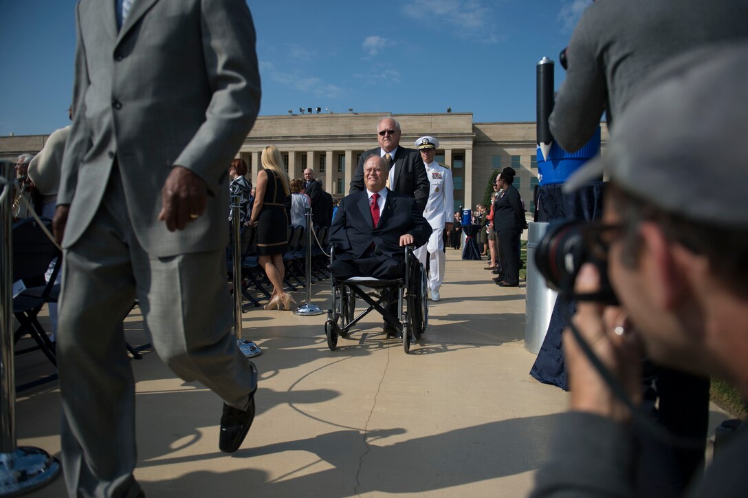 Former U.S. Sen. Max Cleland, of Georgia, arrives at the 2014 National POW/MIA Recognition Ceremony at the Pentagon, Sept. 19, 2014. Cleland was the guest speaker at the event.