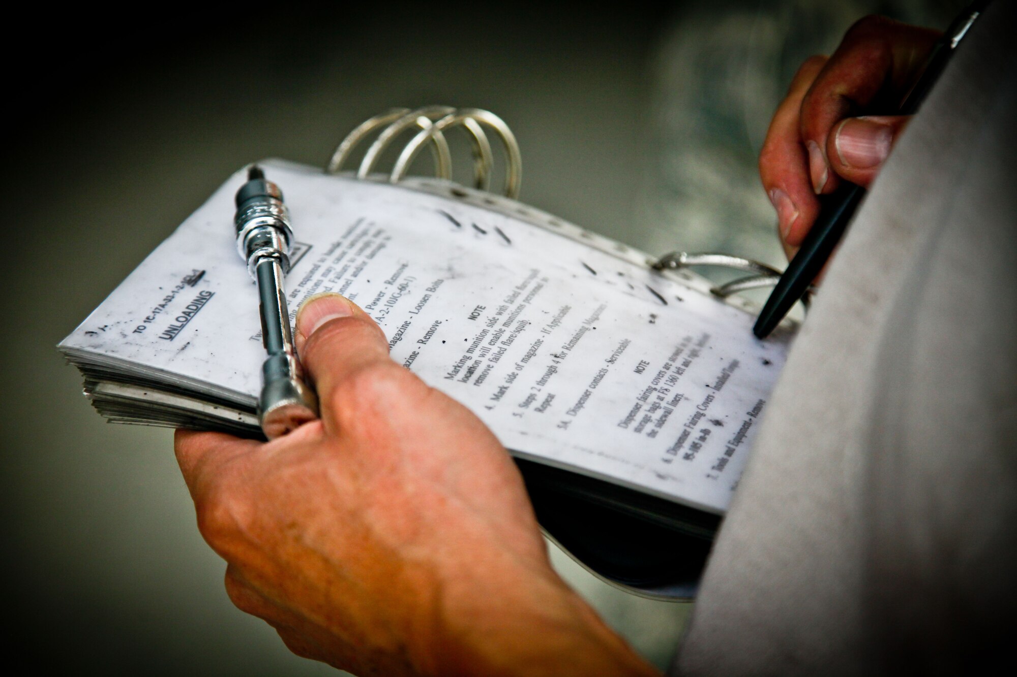 Tech. Sgt. Shawn Summers, a 315th Maintenance Group member and C-17 Globemaster III crew chief here at Joint Base Charleston, S.C., checks off items on his maintenance checklist yesterday as he finishes repairs on a C-17 Globemaster III on the flightline here at Joint Base Charleston, S.C. The 315th MXG provided operational flight line coverage yesterday while the 437th Maintenance Group took part in the active duty’s wingman day activities. (U.S. Air Force photo by Staff Sgt. Rashard Coaxum)