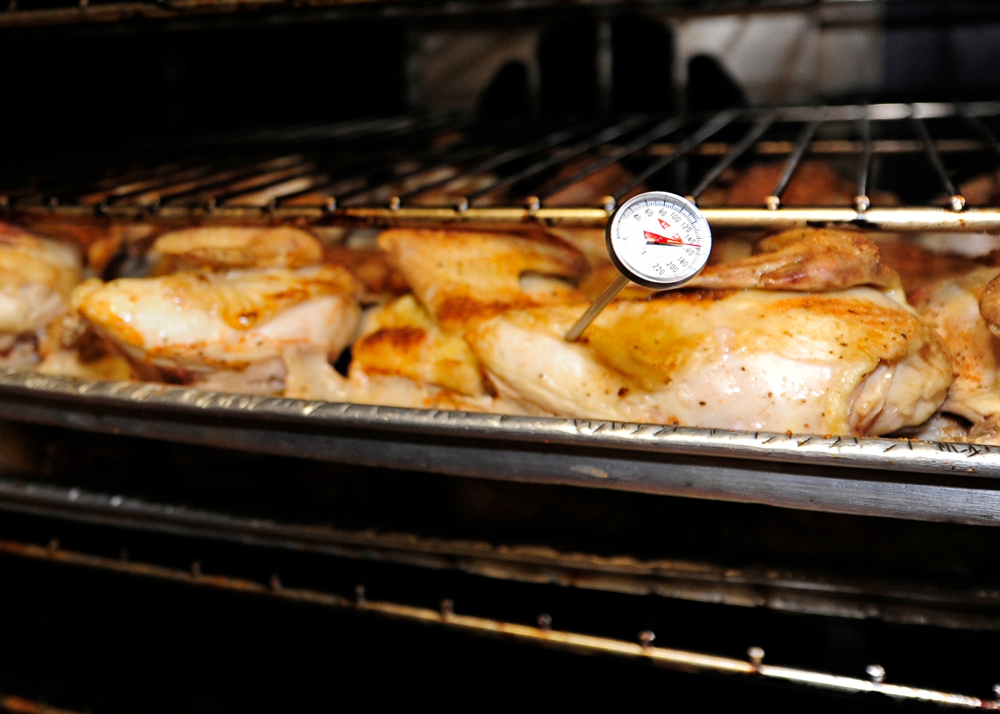 Meat being prepared for lunch at the dining facility is temperature checked before taking out of the oven at Kunsan Air Base, Republic of Korea, July 10, 2014. All meats must be checked before serving to ensure they are cooked to health and safety standards. (U.S. Air Force photo by Senior Airman Taylor Curry/Released) 