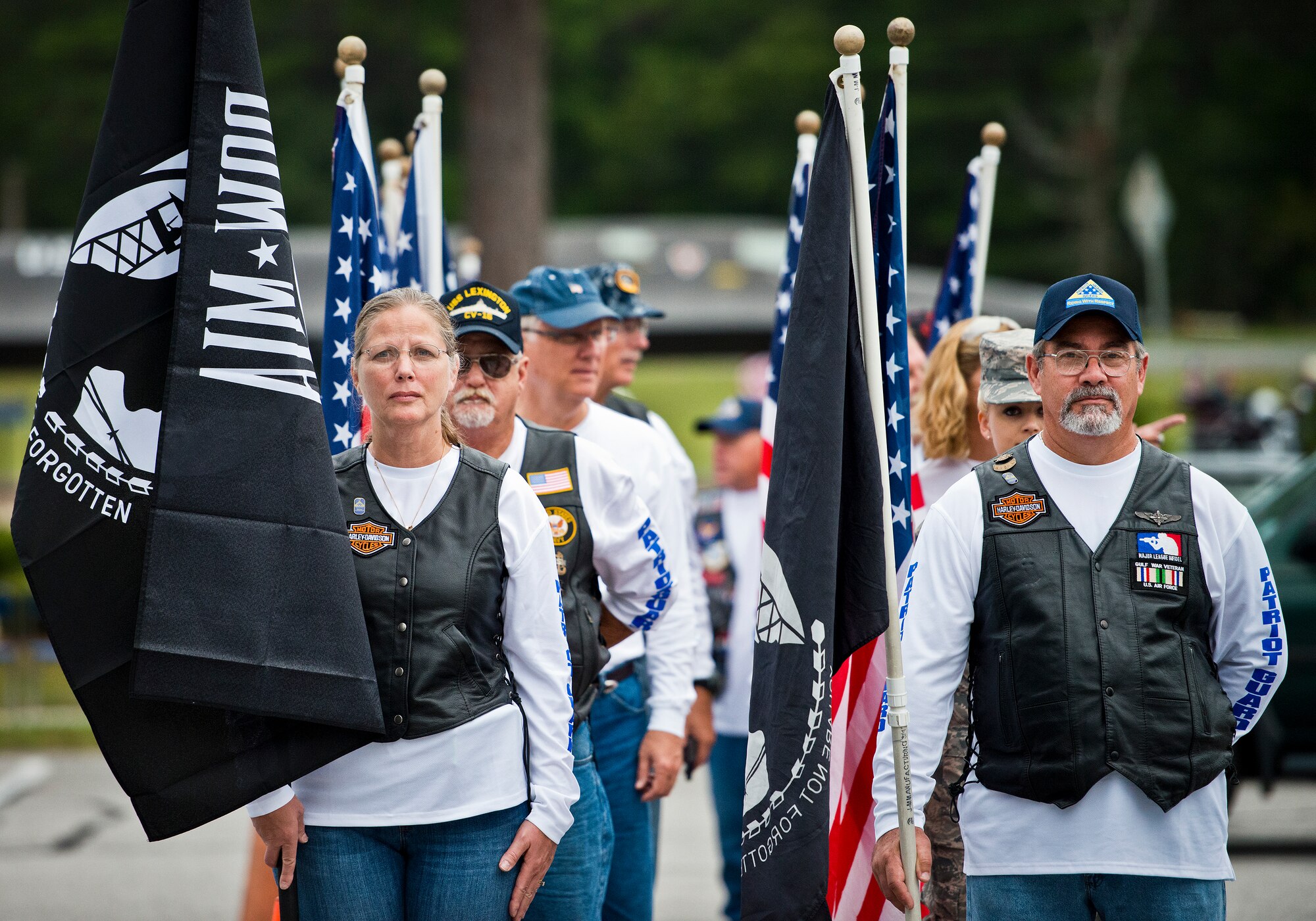 Members of the Patriot Guard stand ready to enter the building before Eglin’s POW/MIA remembrance ceremony Sept. 19 at the Air Force Armament Museum. The ceremony paid tribute to those military members who have yet to return home from defending America. The event featured tributes, guest speakers and honor guard procedures. (U.S. Air Force photo/Samuel King Jr.)