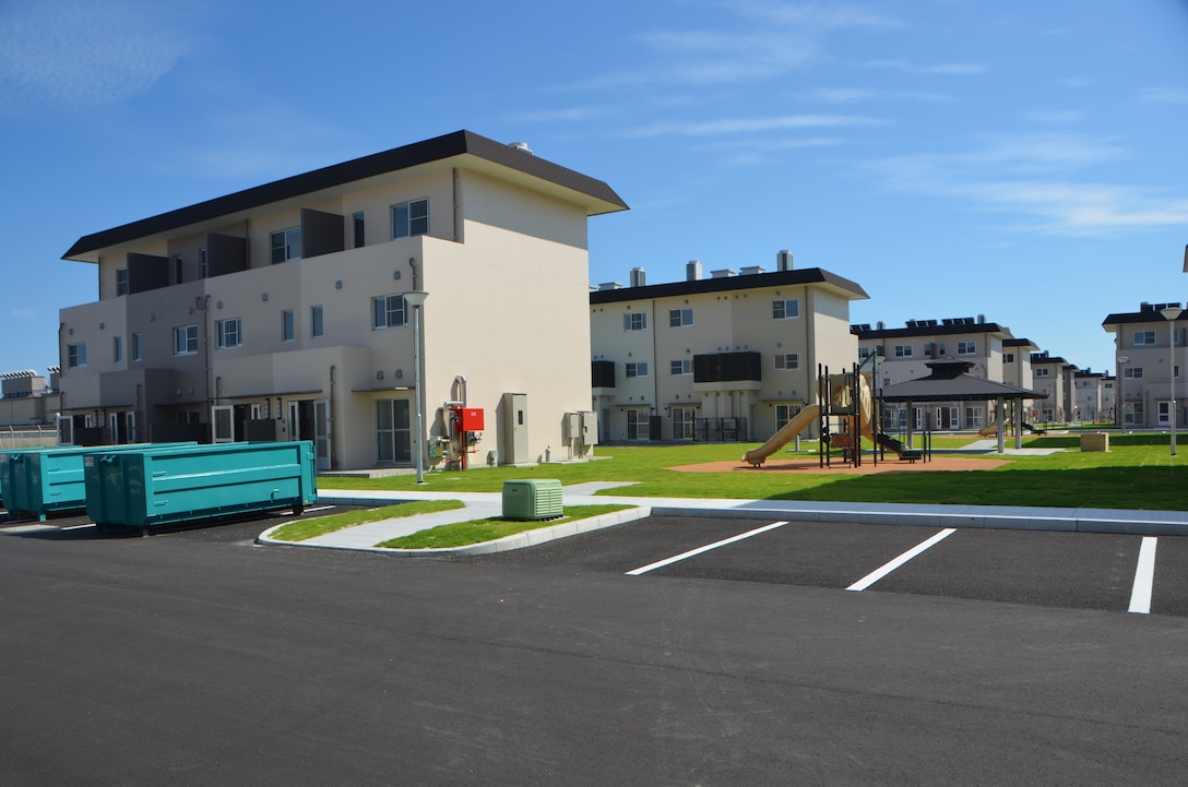 The U.S. Army Corps of Engineers, Japan Engineer District is nearing completion on the first phase of the Torii Pine neighborhood housing project for Marines, civilians and their families stationed at Marine Corps Air Station Iwakuni. This phase includes 199 housing units consisting of single family, three-plex, four-plex, six-plex and eight-plex structures. 156 units are complete and will soon be made available for residents, with the rest in this phase to be completed by December. 
Once the multi-phase project is completed, the 80-acre community will incorporate a skate park, a fenced backyard for housing units and a town center - a first for installations in Japan. The center will consist of retail shops, a major franchise restaurant and a new temporary lodging facility. 
