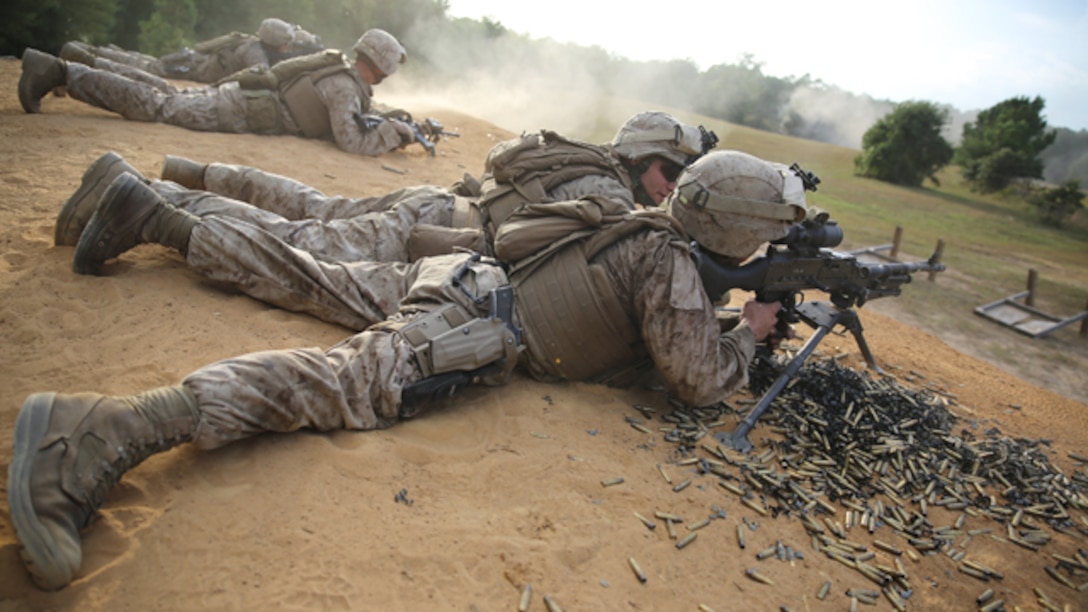 Machine gunners with 3rd Battalion, 2nd Marine Regiment, fire on a mock enemy bunker and provide suppressive fire for an assault team during a live-fire exercise on Range P28 aboard Fort A.P. Hill, Va., Sept. 5. The range was built specifically for the unit as a training aid to increase overall unit readiness. (U.S. Marine Corps photo by Cpl. Jorden M. Wells/Released)