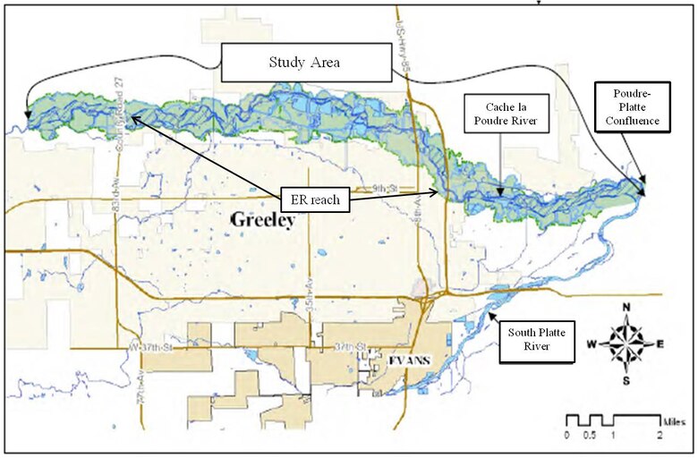 Cache la Poudre study area with the proposed ecosytem restoration project spanning the middle eight miles of the study reach. 