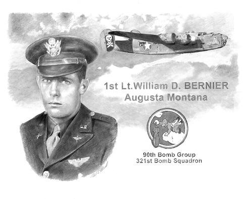 First Lt. William D. Bernier, of Augusta, Mont., was reported missing April 10, 1944, when his B-24D Liberator was shot down over New Guinea while attacking a Japanese-held port. Bernier was assigned to the 90th Bomb Group, 321st Bomb Squadron, and was the bombardier in a 12-man crew that day. (Air Force graphic/Robert Stillwell)