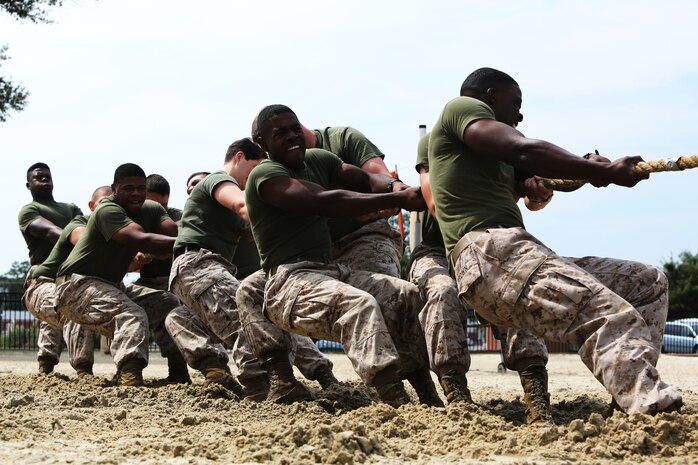 Ten Marines from the Center for Naval Aviation Technical Training Marine Unit team pull, yank and tug against competitors during Marine Corps Air Station Cherry Point’s Combined Federal Campaign kick-off Sept. 19, 2014. CNATT MARUNIT was this year’s CFC Cup runner-up, falling short against Marine Wing Support Squadron 271 during the double elimination tournament.