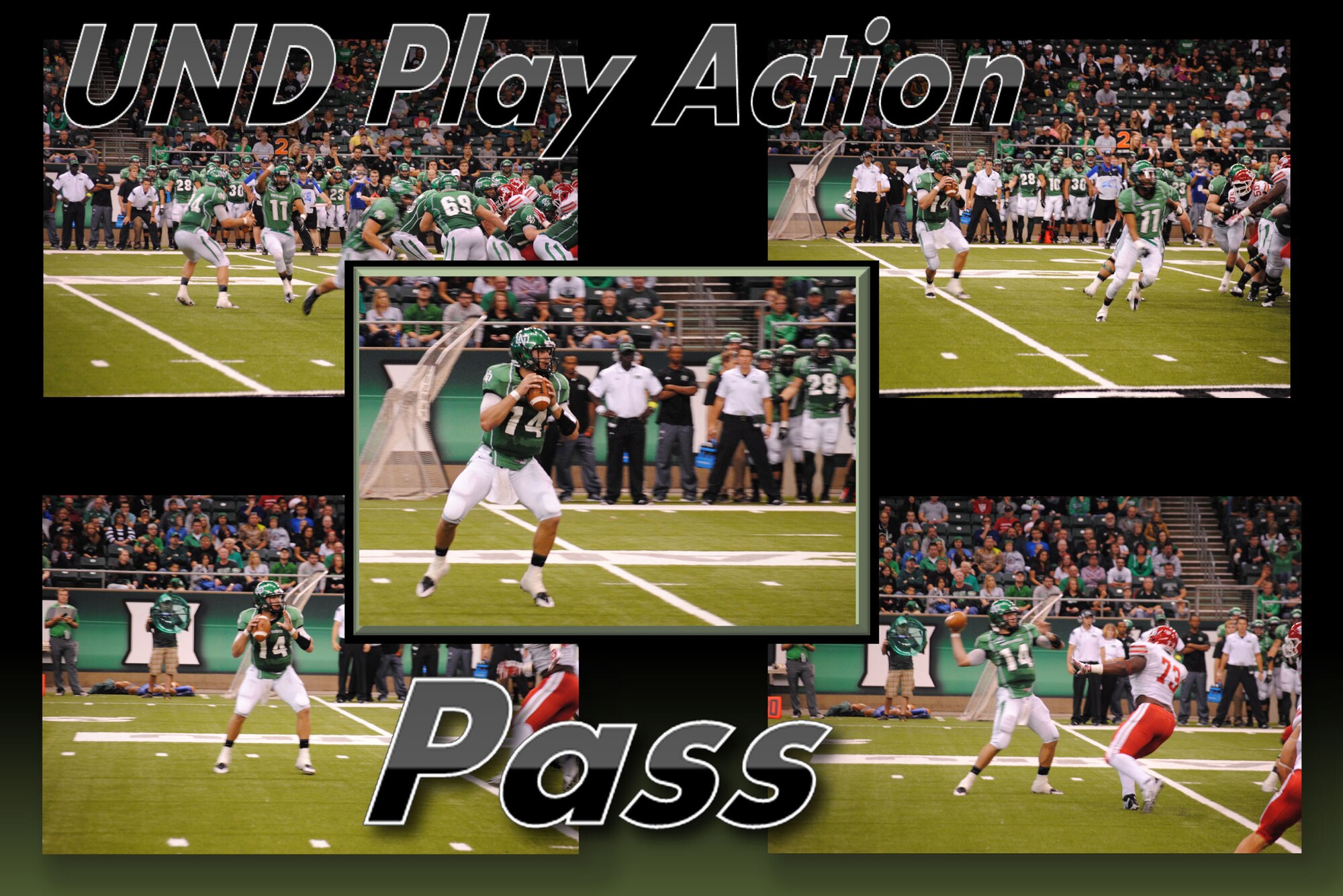 University of North Dakota quarterback Joe Mollberg fakes a hand off and drops back to pass on a play action call and during the second quarter of the UND Military Appreciation Day Football Game, Sept. 20, 2014, at the Alerus Center in Grand Forks, N.D. Mollber successfully executed the play action call by connecting with No.5 wide receiver Dev Ferguson for a 69-yard pass for a touchdown. The UND defeated the Stony Brook University Seawolves 13 to 3. UND has been providing military families with free tickets to one of their home college football game for more than a dozen years.  (U.S. Air Force photos and photo illustration/Staff Sgt. Luis Loza Gutierrez)
