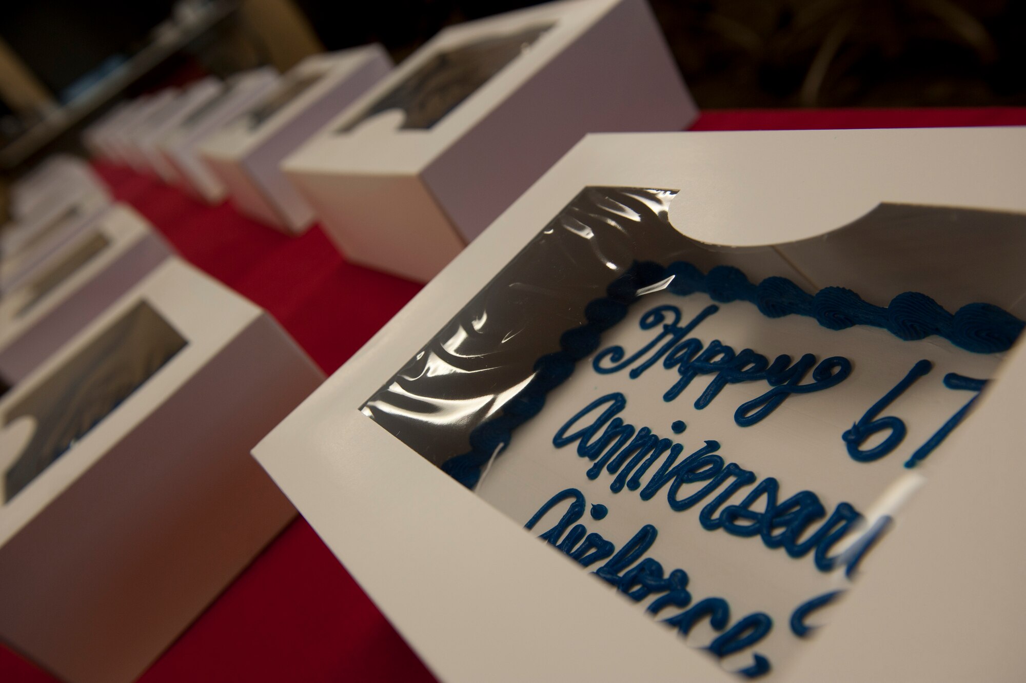 Cakes for the Air Force’s 67th Birthday are lined up at the 5th Operations Group building on Minot Air Force Base, N.D., Sept. 18, 2014. The 5th Force Support Squadron purchased 15 cakes to be taken to the Missile Alert Facility Airmen so they could join in the day’s celebration. (U.S. Air Force photo/Senior Airmen Malia Jenkins)
