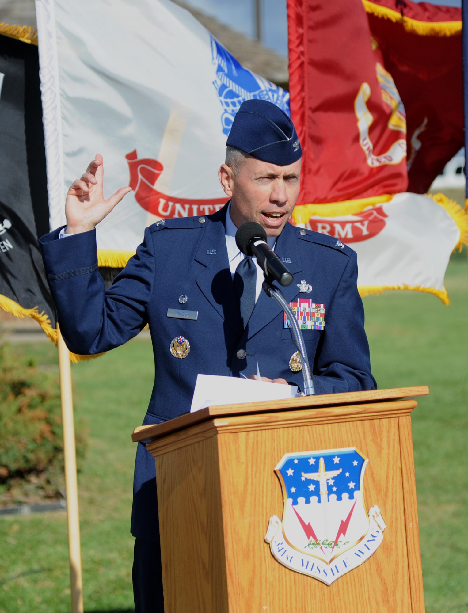 Col. Tom Wilcox, 341st Missile Wing commander, speaks during a Prisoner of War/Missing in Action recognition retreat ceremony at the Medal of Honor Park on Malmstrom Air Force Base Sept. 19. “This is one of my favorite ceremonies we do throughout the year,” said Col. Tom Wilcox, 341st Missile Wing commander. “We get to honor the folks that came before us who are still missing but we also get to honor those of us who are in uniform today.” (U.S. Air Force photo/Airman 1st Class Joshua Smoot)