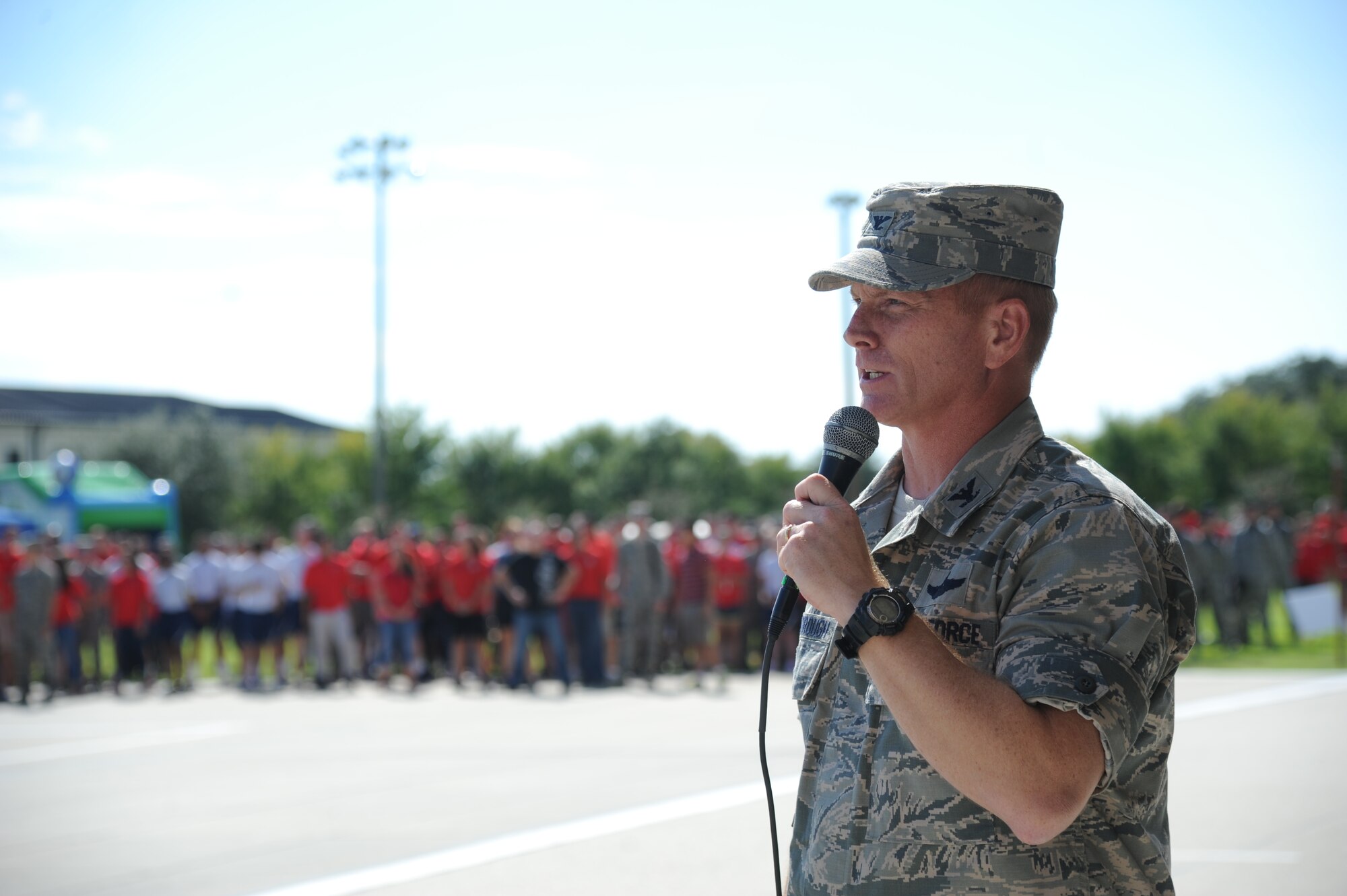 Col. Dennis Scarborough, 81st Training Wing vice commander, delivers remarks during the Air Force’s 67th birthday celebration Sept. 19, 2014, Keesler Air Force Base, Miss. The event also included a cake cutting ceremony, music, games, contests and food.  (U.S. Air Force photo by Kemberly Groue)
