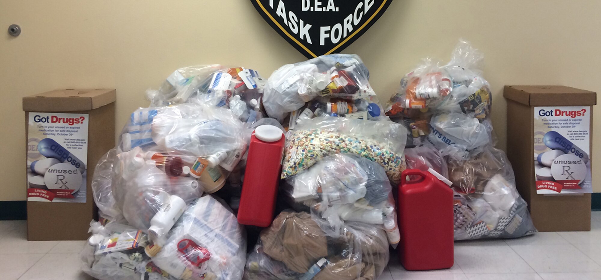 Pictured are all of the prescription drugs that were turned in during the April 26, 2014 National Prescription Drug Take-Back Day.  A total of 326 pounds of medication were received from Eagle Pass, Del Rio, Laughlin AFB, Bracketville, Uvalde and Utopia.  The next  prescription drug take back day will be Sept. 27, 2014, here at Laughlin AFB and the Del Rio Civic Center. (Courtesy Photo)(Released) 