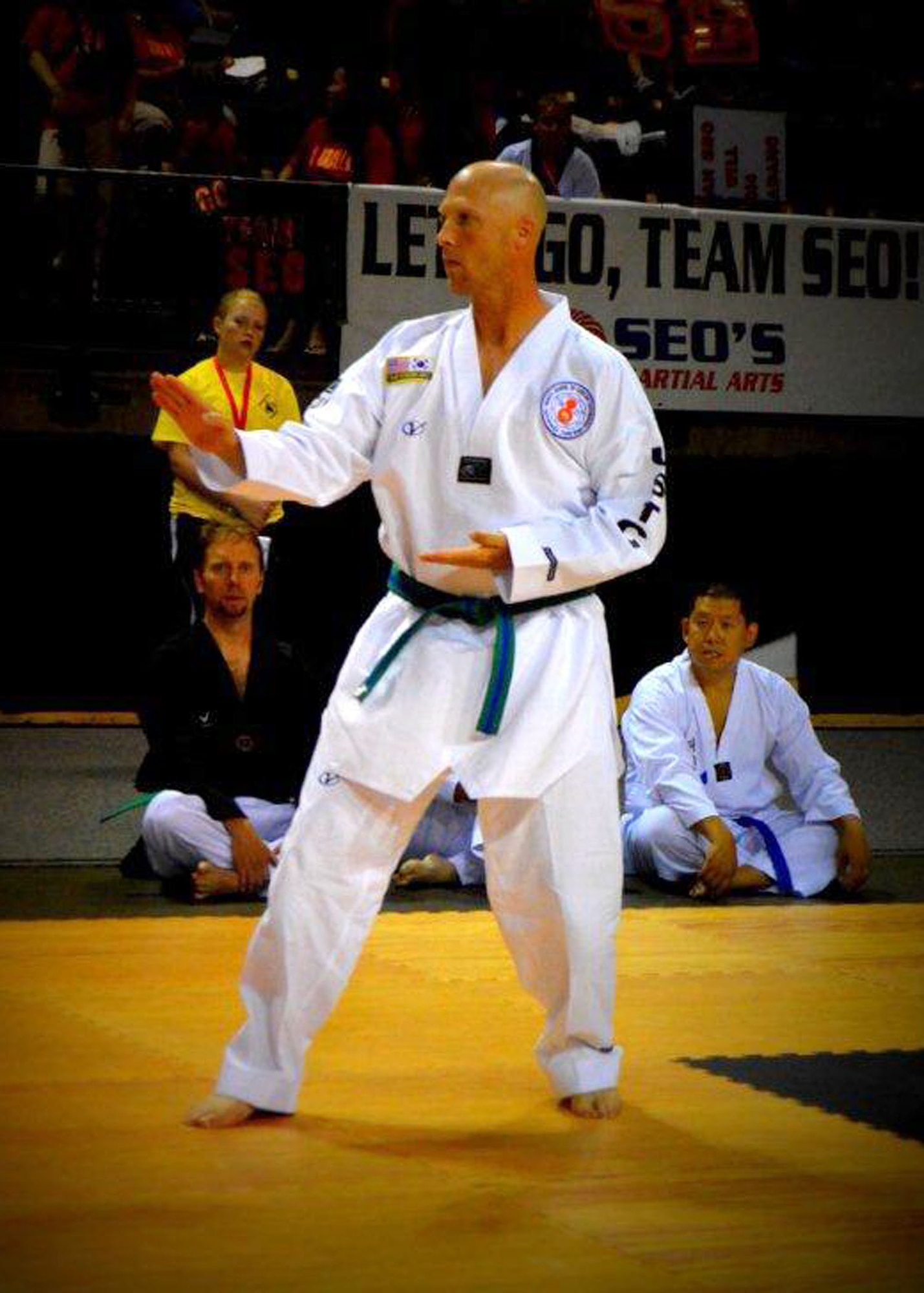 Master Sgt. Stephen Wall, 43rd Logistics Readiness Squadron, competes at the 6th annual U.S. Open Taekwondo Hanmadang competition in Colorado Springs, Colorado. Wall won gold medals in the three events he competed in, creative and power breaking and traditional forms. His son Kelan, 7, competed in four events and won gold medals in creative breaking and forms, a silver medal in traditional pairs and a bronze medal in traditional forms. There were a total of 1,600 competitors from 26 states and South Korea in this year’s two-day competition. (Courtesy photo/Melissa Wall)