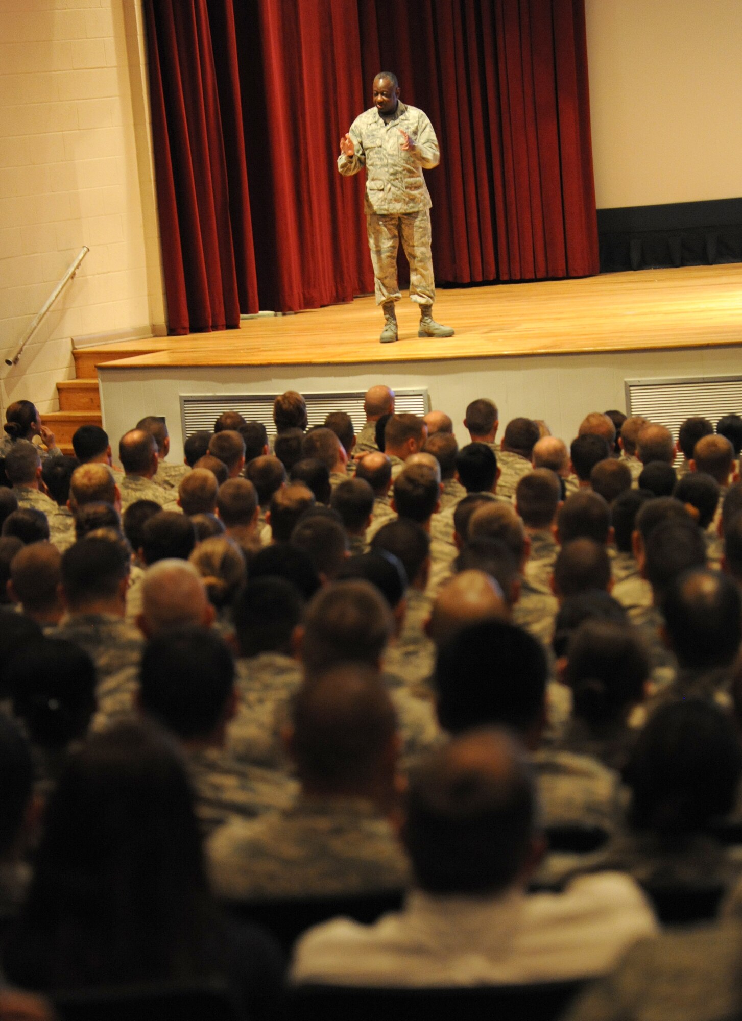 Maj. Gen. Mark Brown, 2nd Air Force commander, delivers remarks during an all call at the Welch Theater during a two-day immersion tour of the base Sept. 16-17, 2014, Keesler Air Force Base, Miss.  The purpose of the tour was to learn the integration of the base’s mission, operations and personnel.  Brown also toured the 81st Training Group, 81st Medical Group, and 81st Mission Support Group. (U.S. Air Force photo by Kemberly Groue)