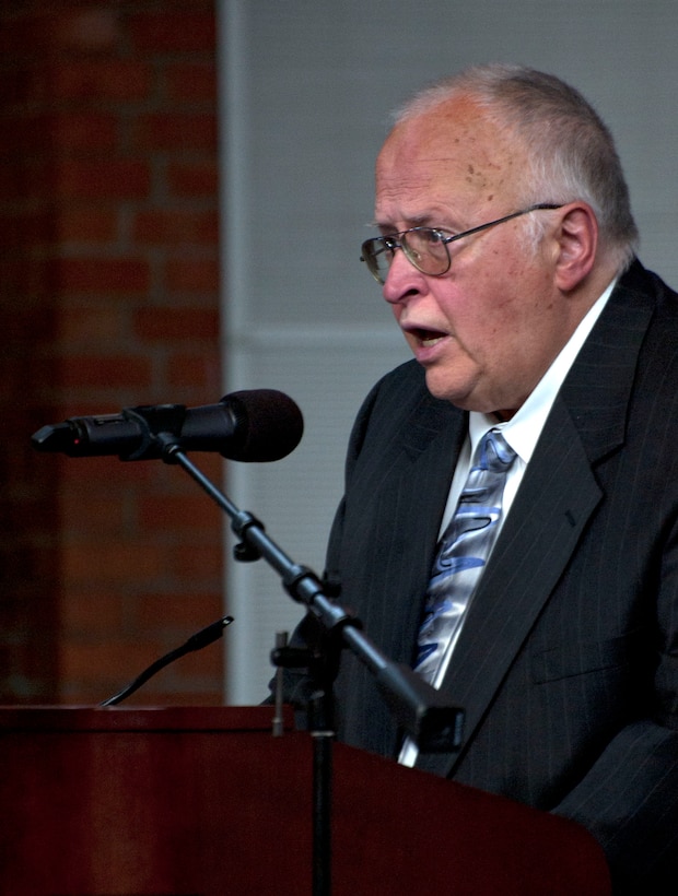 Army Maj. (Ret.) Ted Gostas speaks to Airmen about his prisoner of war story from the Vietnam Conflict during the POW and missing-in-action ceremony in the Fall Hall Community Center Sept. 17. Gostas spoke of the trials and conditions he faced during his five years in captivity. (U.S. Air Force photo by Airman 1st Class Brandon Valle)
