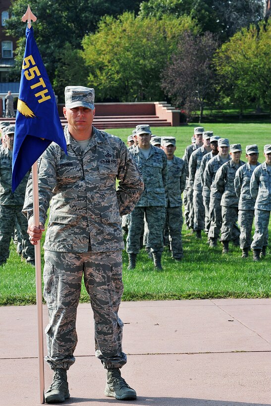 U.S. Air Force Chief Master Sgt. Matthew Grengs, 55th Wing command chief, stands at parade rest during the Air Force Birthday retreat ceremony on the parade grounds Sept. 18. Before the Air Force became its own branch of the military, it was a part of the Army. On Aug. 1, 1907, the U.S. Army Signal Corps formed the Aeronautical Division, which later evolved into the Air Force. (U.S. Air Force photo by Charles Haymond)