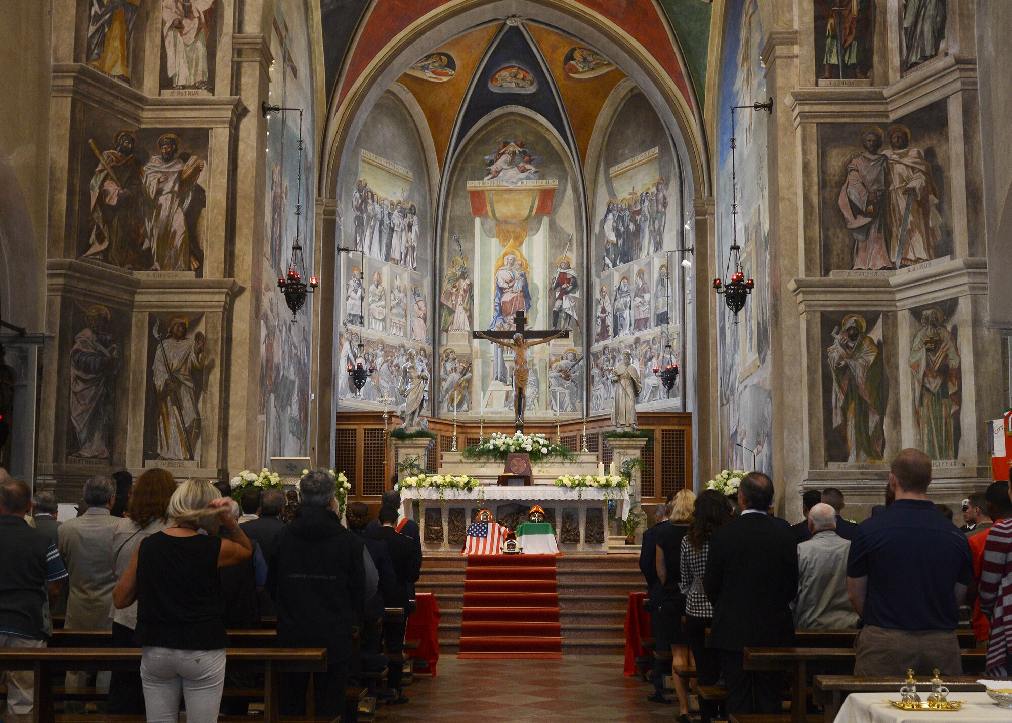 The American and Italian flags are displayed in Duomo San Nicolo Church during the 13th Annual Italian-American Friendship Festival, Sept. 20, 2014, in Sacile, Italy. The flags represented the friendship the Americans have developed with the Italian community. (U.S. Air Force photo/Airman 1st Class Deana Heitzman)  