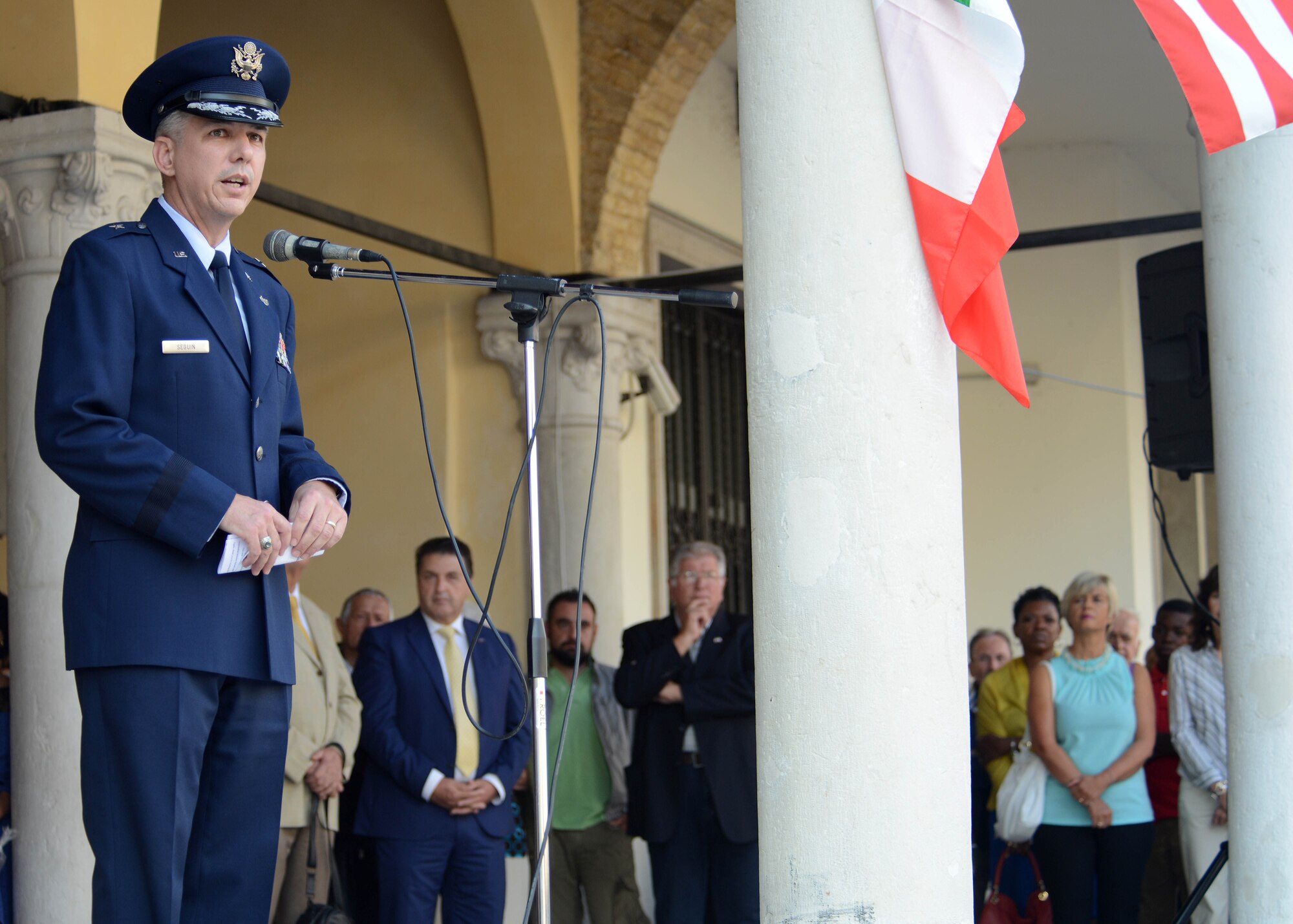 Brig. Gen. Barre Seguin, 31st Fighter Wing commander, speaks to guests during of the 13th Annual Italian-American Friendship Festival, Sept. 20, 2014, in Sacile, Italy. The festival gave Team Aviano the opportunity to strengthen bonds with their Italian neighbors. (U.S. Air Force photo/Airman 1st Class Deana Heitzman)  