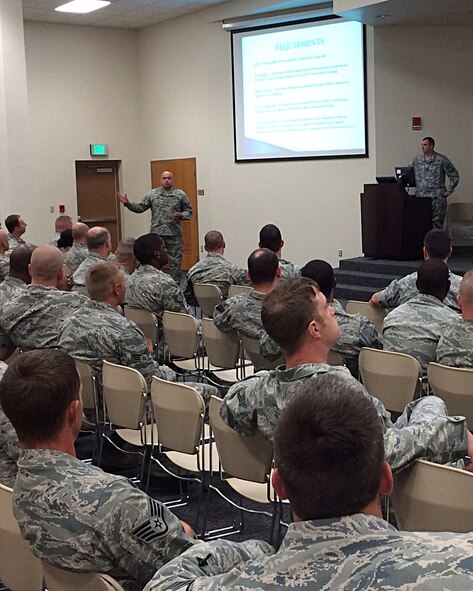 A Mississippi Army National Guard recruiter spoke to wing personnel, leadership and recruiters from Alabama and Mississippi, who participated in a recruiting event at Keesler Air Force Base, Mississippi, Sept. 13, 2014.The event was open to the wing, especially those in civil engineering, maintenance and operations career fields affected by the proposed deactivations of the 403rd Civil Engineer Squadron and 345th and 815th Airlift Squadrons. (U.S. Air Force photo/Maj. Lisa L. Kostellic)