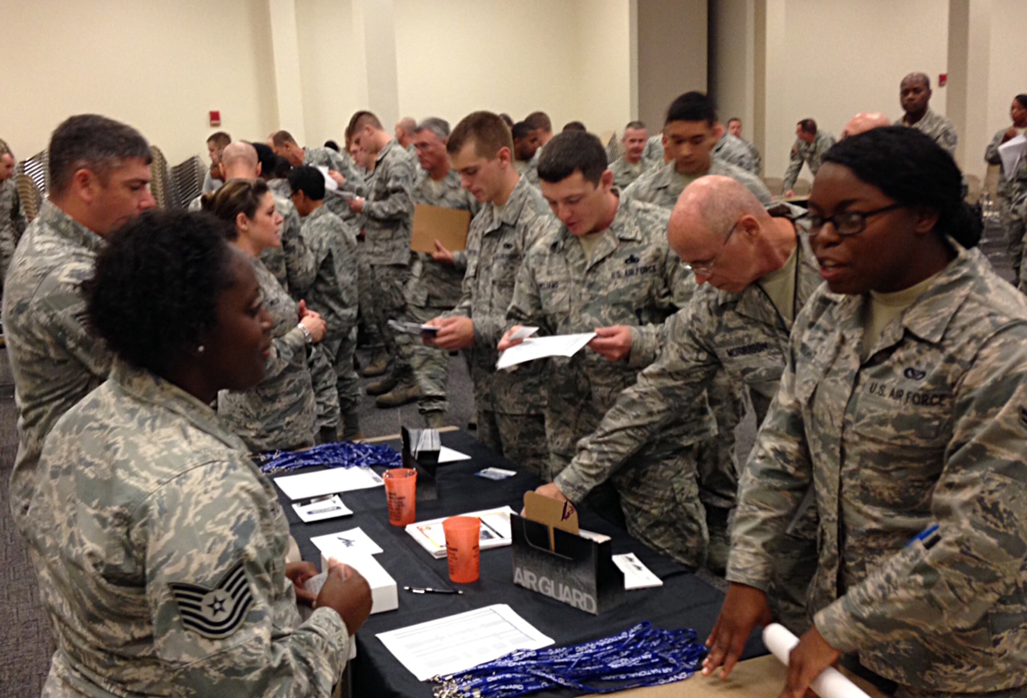 Members of the 403rd Wing spoke to recruiters from the Alabama Air National Guard at a recruiting event at Keesler Air Force Base, Mississippi, Sept. 13, 2014.The event was open to the wing, especially those in civil engineering, maintenance and operations career fields affected by the proposed deactivations of the 403rd Civil Engineer Squadron and 345th and 815th Airlift Squadrons. (U.S. Air Force photo/Maj. Lisa L. Kostellic)