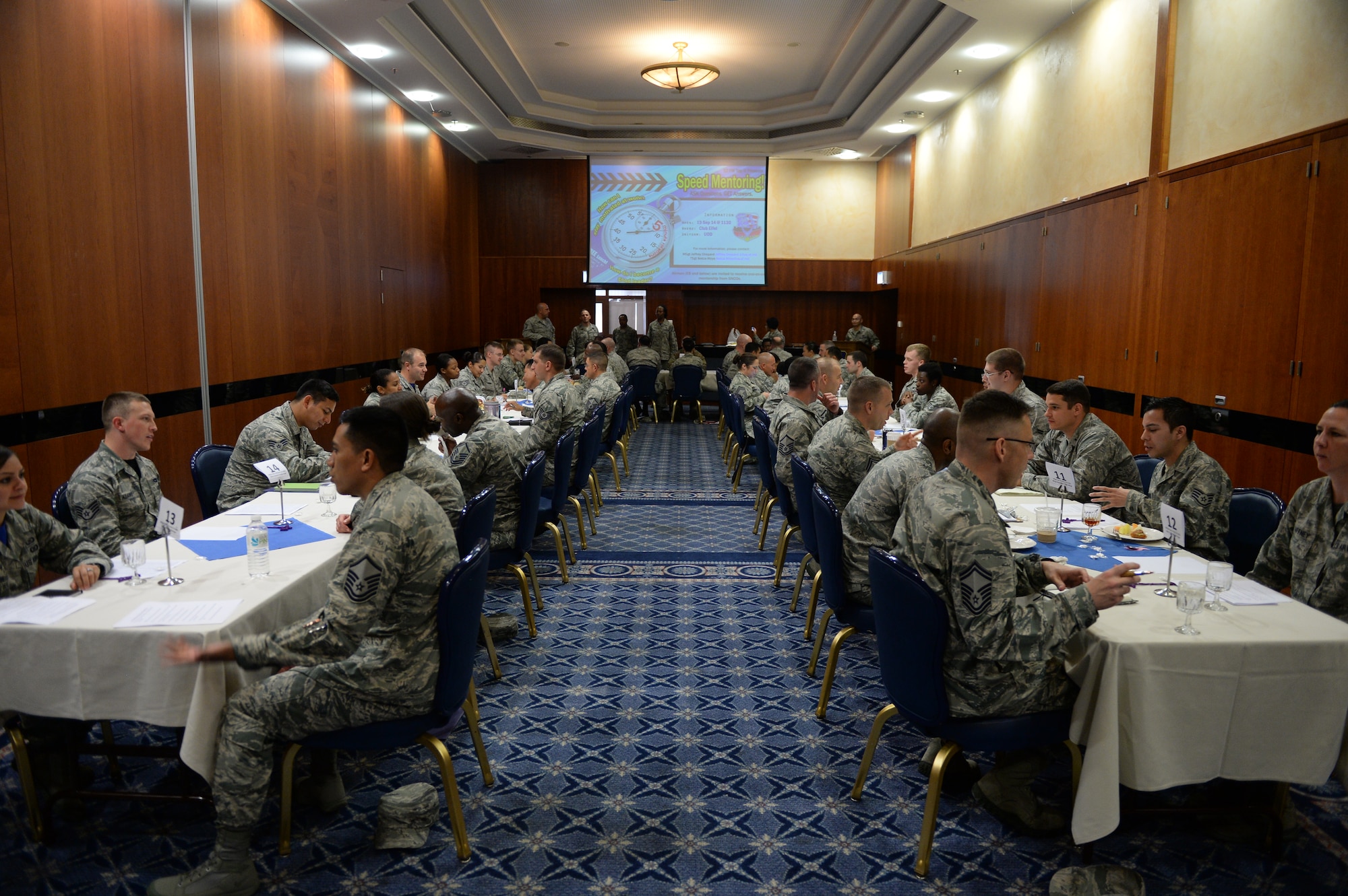 U.S. Air Force Airmen participate in the 52nd Fighter Wing’s inaugural speed mentoring event Sept. 19, 2014, at Spangdahlem Air Base, Germany. The event focused on providing face-to-face senior NCO mentoring opportunities for Airmen. (U.S. Air Force photo by Airman 1st Class Dylan Nuckolls/Released)