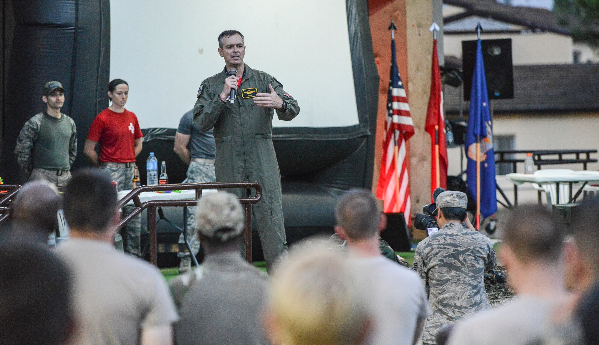 Col. Craig Wills, 39th Air Base Wing commander, speaks to Airmen at a combat dining-out at Arkadas Park Sept. 19, 2014, Incirlik Air Base, Turkey. Wills spoke about combat readiness and why Airmen from Incirlik AB must be vigilant and ready at a moment’s notice. (U.S. Air Force photo by Airman Cory W. Bush/Released)