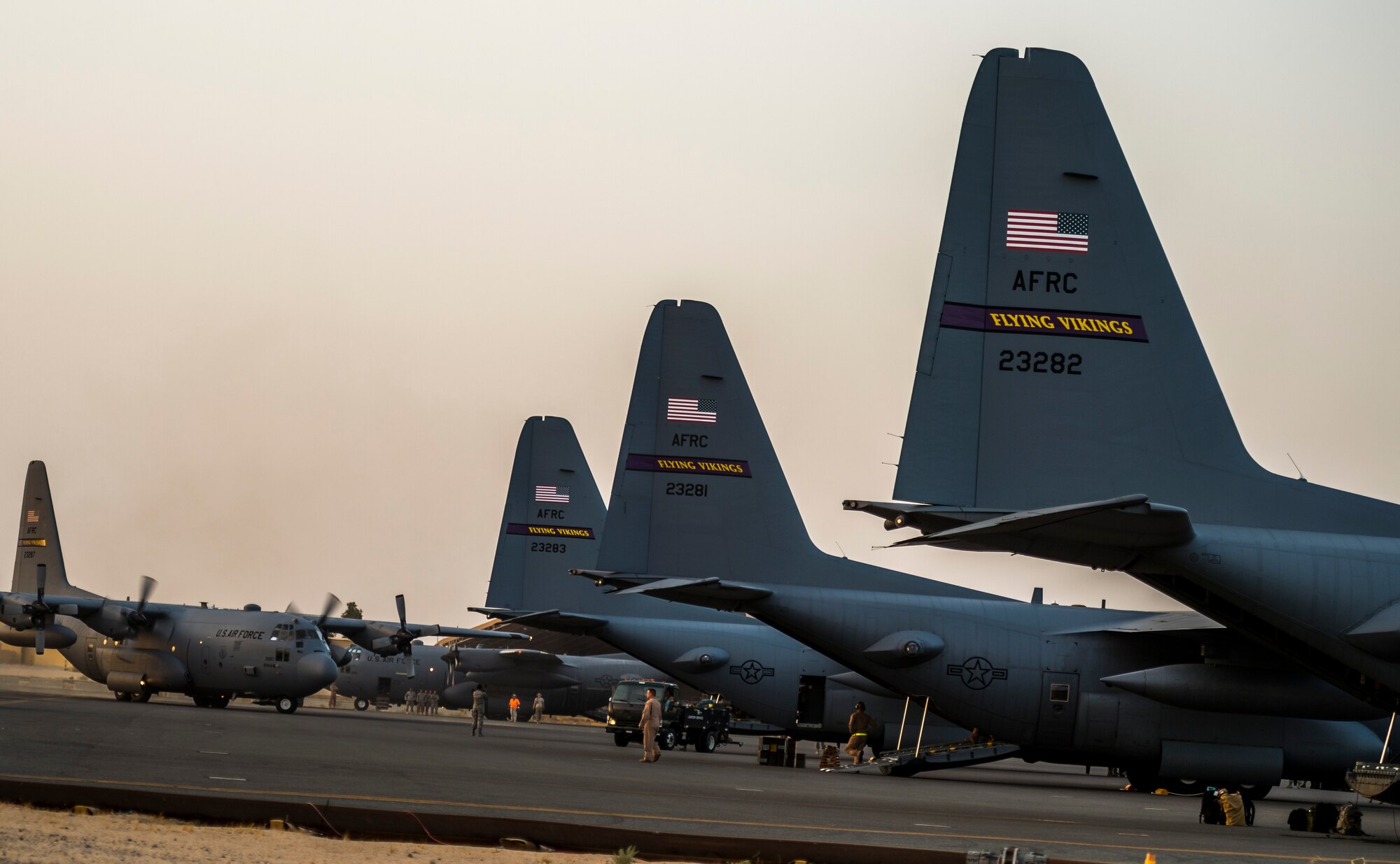 A C-130H Hercules from the 934th Air Wing taxis after landing at its new home Sept. 12, 2014 at an undisclosed location in Southwest Asia. The crew will be stationed with the 386th Air Expeditionary Wing for the next four months and deployed from Minneapolis-St Paul Air Reserve Station, Minn. in support of Operation Enduring Freedom. (U.S. Air Force photo by Staff Sgt. Jeremy Bowcock)