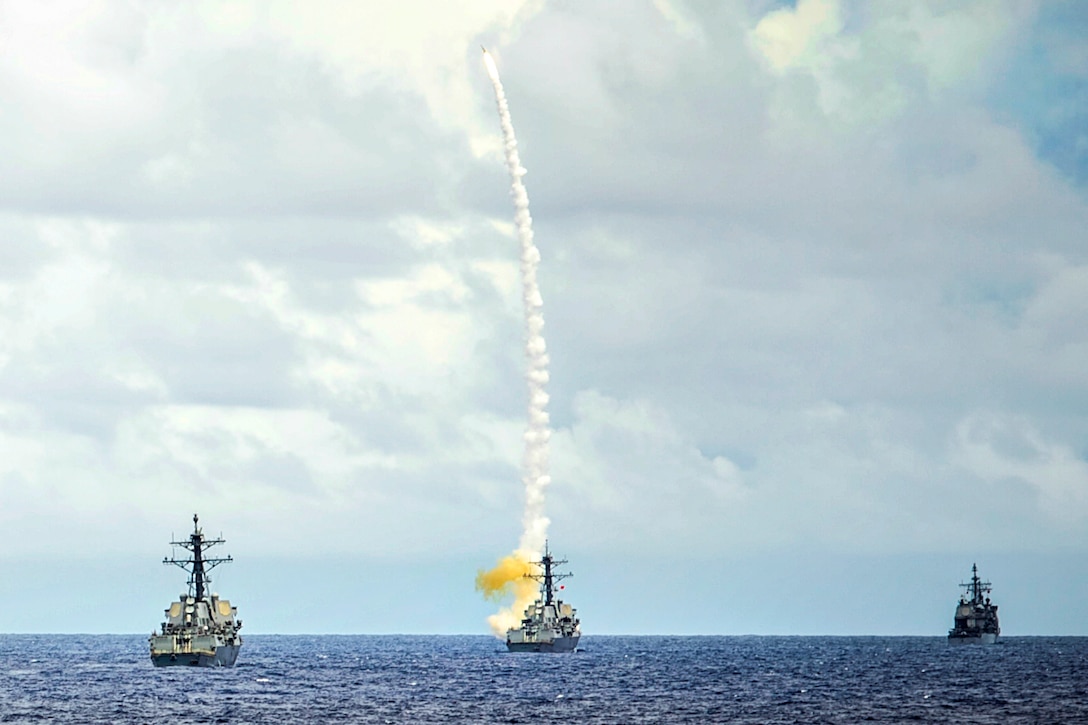 The Arleigh Burke-class guided missile destroyer USS Dewey fires a surface-to-air missile at a simulated contact during Valiant Shield 2014 in the Pacific Ocean, Sept. 16, 2014.