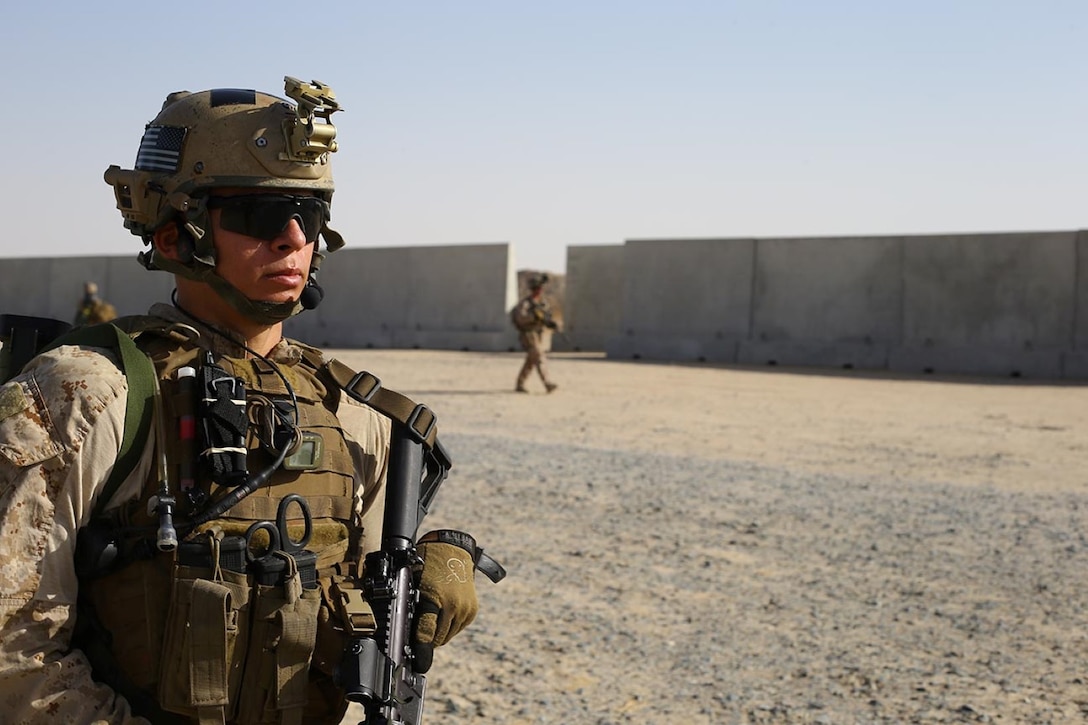 Marines with the 11th Marine Expeditionary Unit patrol as part of a training exercise, Sept. 19. The 11th MEU is deployed with the Makin Island Amphibious Ready Group as a theater reserve and crisis response force throughout U.S. Central Command and the U.S. 5th Fleet area of responsibility. (U.S. Marine Corps photo by Lance Cpl. Evan R. White/ RELEASED)