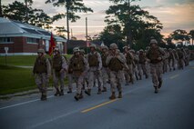 Logistics Group conducted a hike to condition the Marines and sailors for future training exercises with II Marine Expeditionary Force aboard Marine Corps Base Camp Lejeune, 152 Service members with Headquarters and Service Companies, Headquarters Regiment, 2nd Marine N.C., Sept. 19, 2014. The hikes are used for the preparation and sustainment of II MEF units and personnel for upcoming operations.