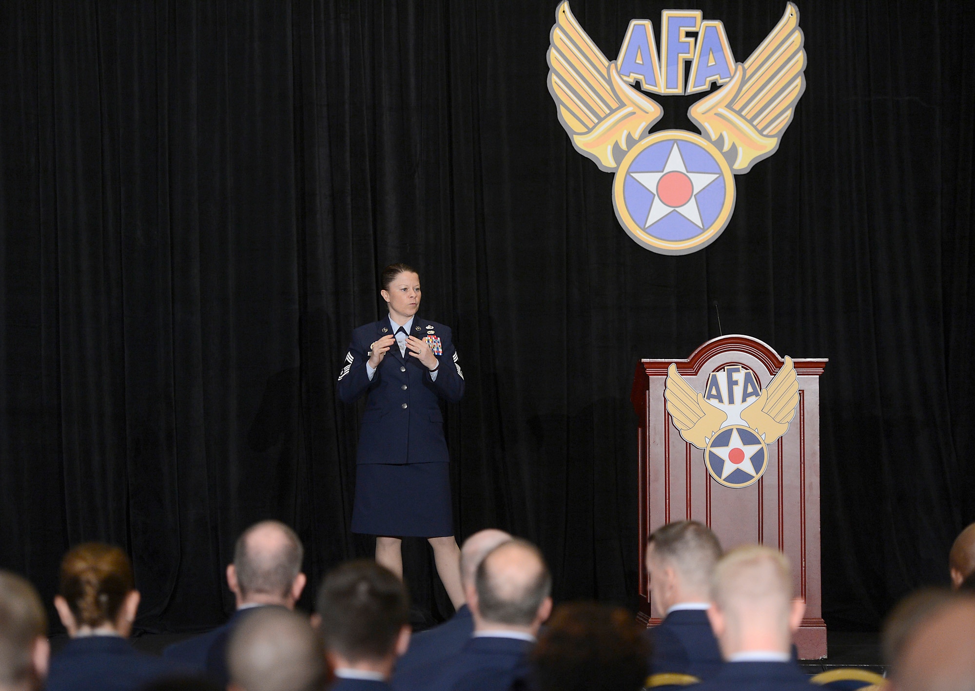 Chief Master Sgt. Brandy Petzel leads a forum Sept. 17, 2014, during the 2014 Air Force Association Air & Space and Technology Exhibition in Washington, D.C. Petzel is the Air Force chief of enlisted force policy and spoke about the need to overhaul the enlisted evaluation and promotion systems. (U.S. Air Force photo/Scott M. Ash)