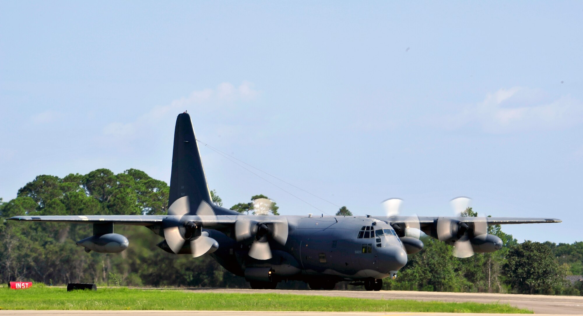 An MC-130P Combat Shadow aircraft returns, to Hurlburt Field, Fla., from their final combat deployment, Sept. 19, 2014. The Combat Shadow flies clandestine or low visibility, low-lever missions into politically sensitive or hostile territory to provide air refueling for special operations helicopters. The Combat Shadow will be deactivited Oct. 3, 2014.  (U.S. Air Force photo by Staff Tyler Placie)                               
