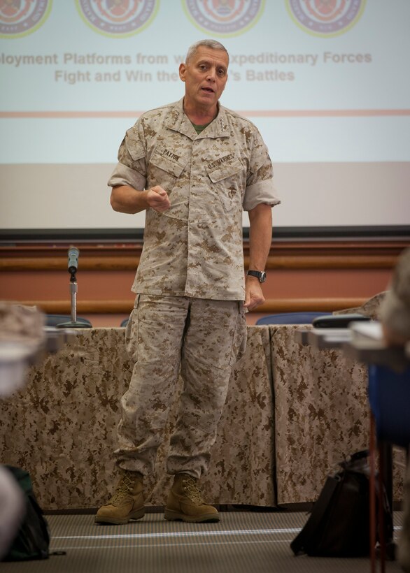 The Assistant Commandant of the Marine Corps, Gen. John M. Paxton, Jr., speaks to Marines attending the Installation Commanders Course on Marine Corps Base Quantico, Va., Sept. 23, 2014. (U.S. Marine Corps photo by Cpl. Tia Dufour/Released)