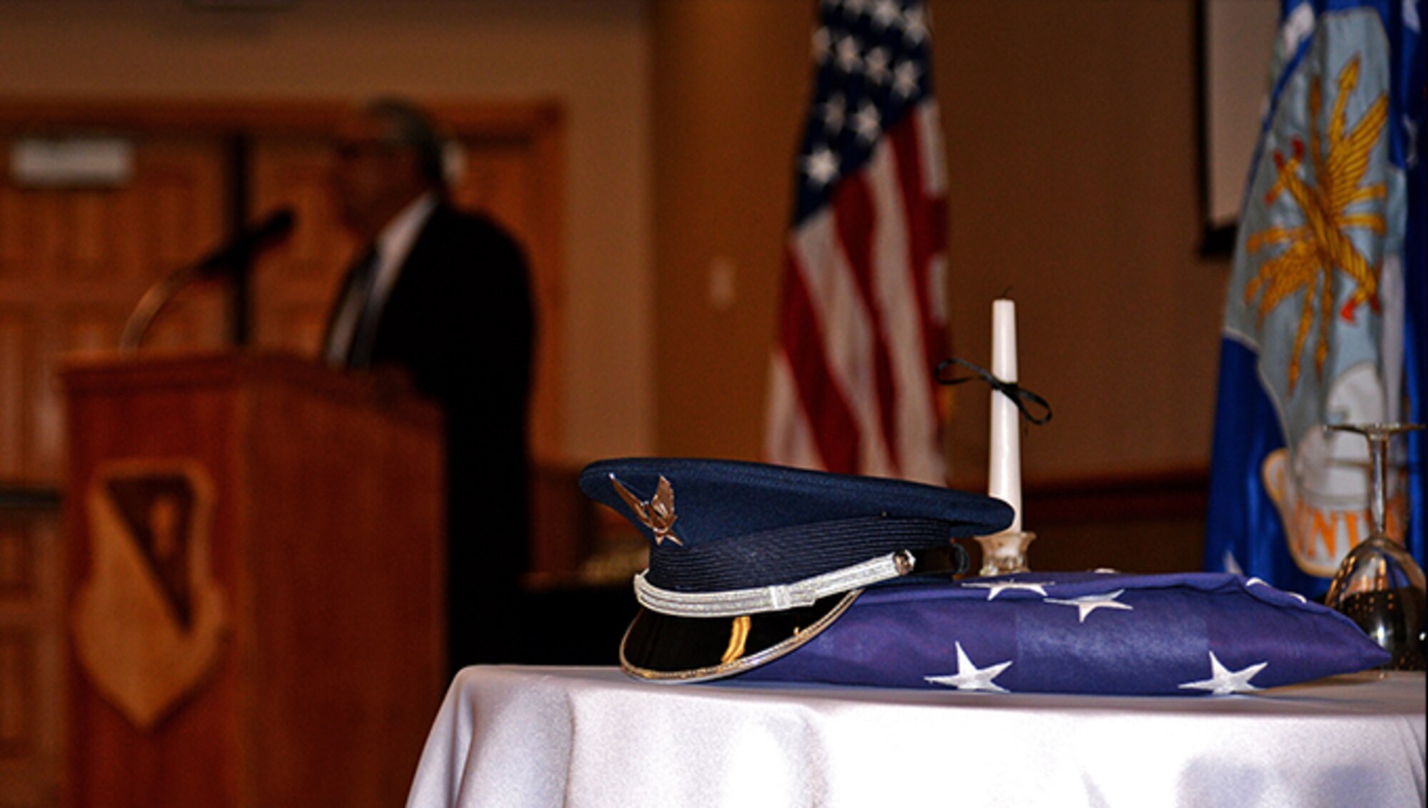 Ben Salazar, American Legion Post 25 public relations officer of Clovis, N.M., address members of Team Cannon at the Prisoners of War/Missing in Action luncheon Sept. 17, 2014 at Cannon Air Force Base, N.M. Salazar stressed his sincere appreciation for his active duty counterparts and urged the men and women of Cannon to always remember and honor those families whose loved ones are POW/MIA. (U.S. Air force photo/Airman 1st Class Chip Slack)