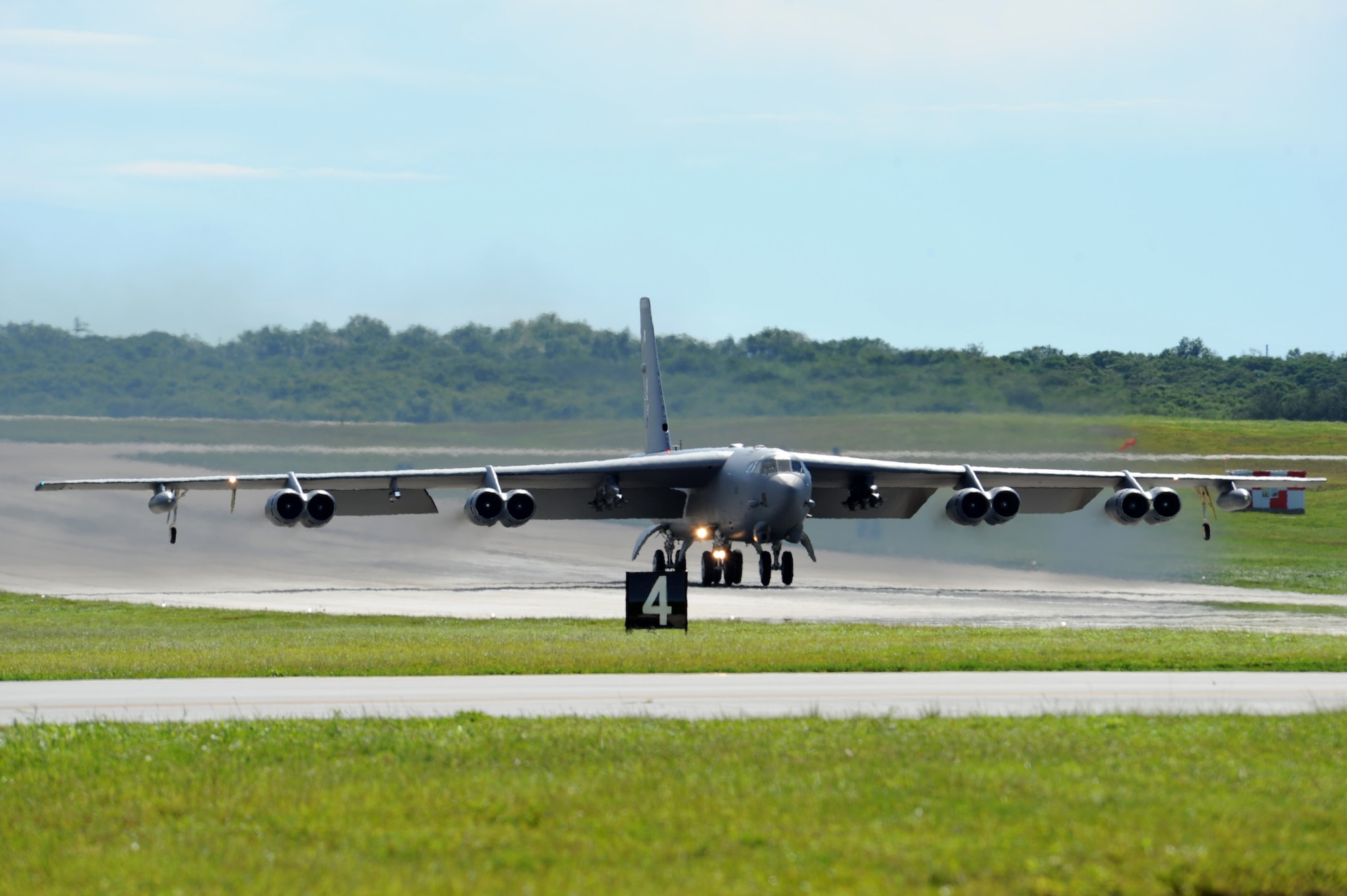 A B-52 Bomber deployed from Barksdale Air Force Base, La., takes off from Andersen Air Force Base runway in support of Exercise Valiant Shield. Valiant Shield is a training exercise with a focus on integration and proficiency of the U.S. Army, Navy, Air Force and Marine Corps through engaging units at sea, in the air, on land, and in cyberspace in response to the mission. (U.S. Navy photo by Mass Communication Specialist 2nd Class Chelsy Alamina)