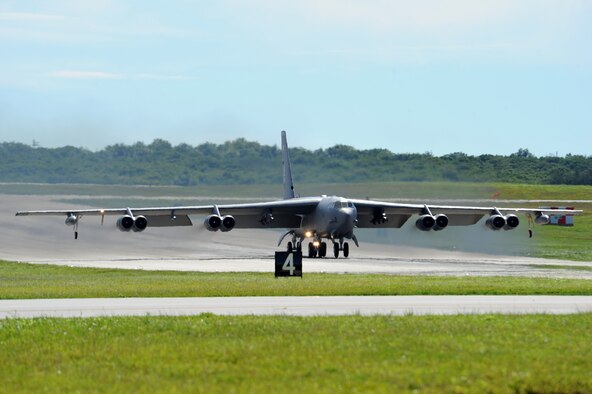 A B-52 Bomber deployed from Barksdale Air Force Base, La., takes off from Andersen Air Force Base runway in support of Exercise Valiant Shield. Valiant Shield is a training exercise with a focus on integration and proficiency of the U.S. Army, Navy, Air Force and Marine Corps through engaging units at sea, in the air, on land, and in cyberspace in response to the mission. (U.S. Navy photo by Mass Communication Specialist 2nd Class Chelsy Alamina)