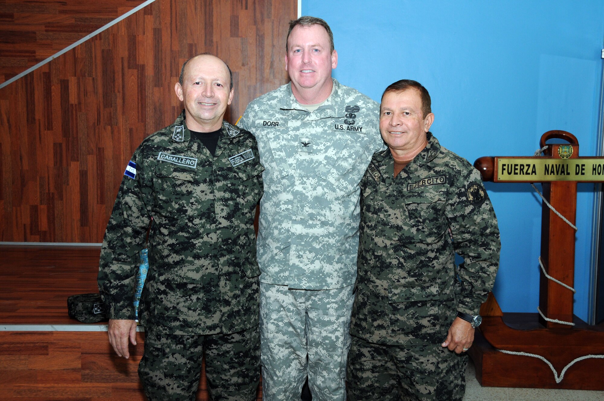 Honduran Navy Rear Adm. Hector Caballero, Navy chief, U.S. Army Col. Kirk Dorr, Joint Task Force-Bravo commander, and Honduran Army Col. Hedbreth Caballero participated in the 2nd Annual Honduran Senior Military Leader Conference Sept. 19 in Tegucigalpa, Honduras. The brothers Caballero entered the Francisco Morazán Military School on the same day, Feb. 1, 1977, and have now served for nearly 38 years in that capacity.   (Photo by U.S. Air National Guard Capt. Steven Stubbs)