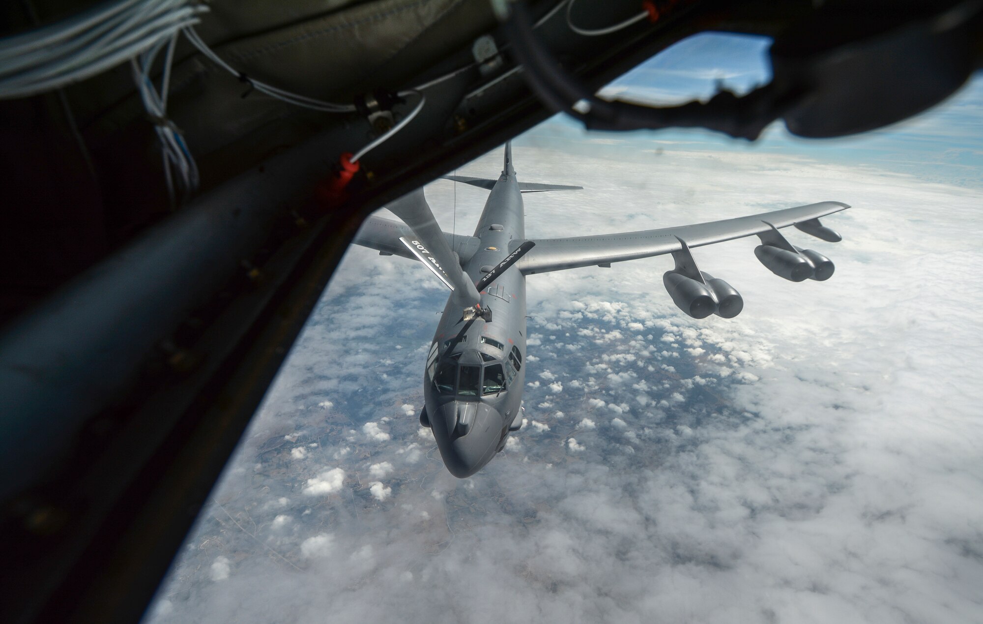 A B-52 Stratofortress crew refueled with the KC-135R for approximately one hour while completing proficiency and evaluations during the exercise.   (U.S. Air Force photo/Senior Airman Mark Hybers) 