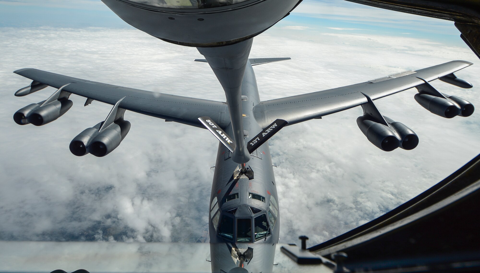 A B-52 Stratofortress receives fuel during a training mission from a KC-135R Stratotanker flown by a 465th Air Refueling Squadron crew from Tinker Air Force Base Aug. 17. (U.S. Air Force photo/Senior Airman Mark Hybers)