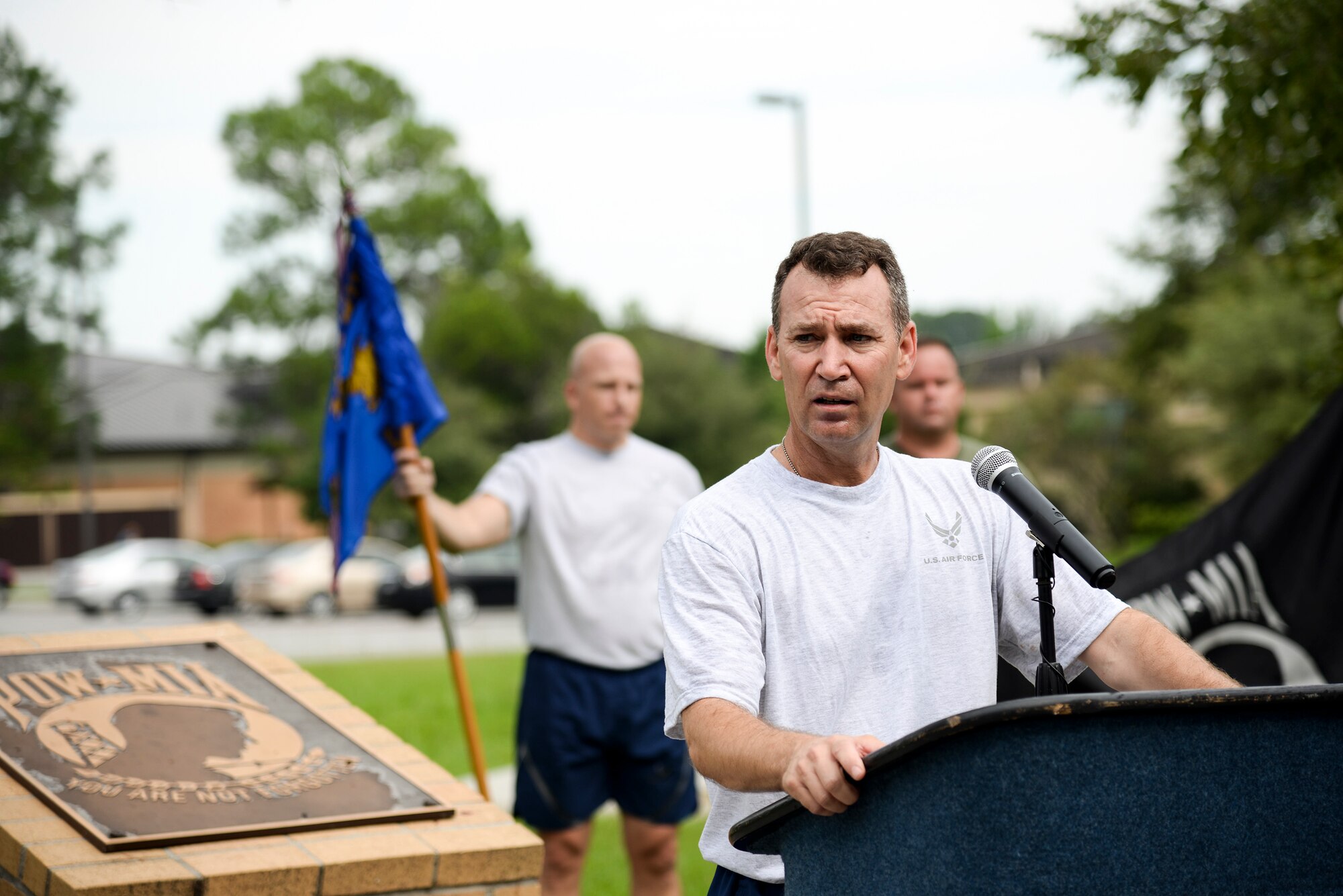 U.S Air Force Col. Chad Franks, 23d Wing commander, gives closing remarks at the end of the Tiger-thon run, Sept. 19, 2014, at Moody Air Force Base, Ga. Franks told participants that given the base’s search and rescue mission, the Tiger-thon serves as a reminder of why Team Moody trains and works hard every day. (U.S. Air Force photo by Senior Airman Sandra Marrero/Released)
