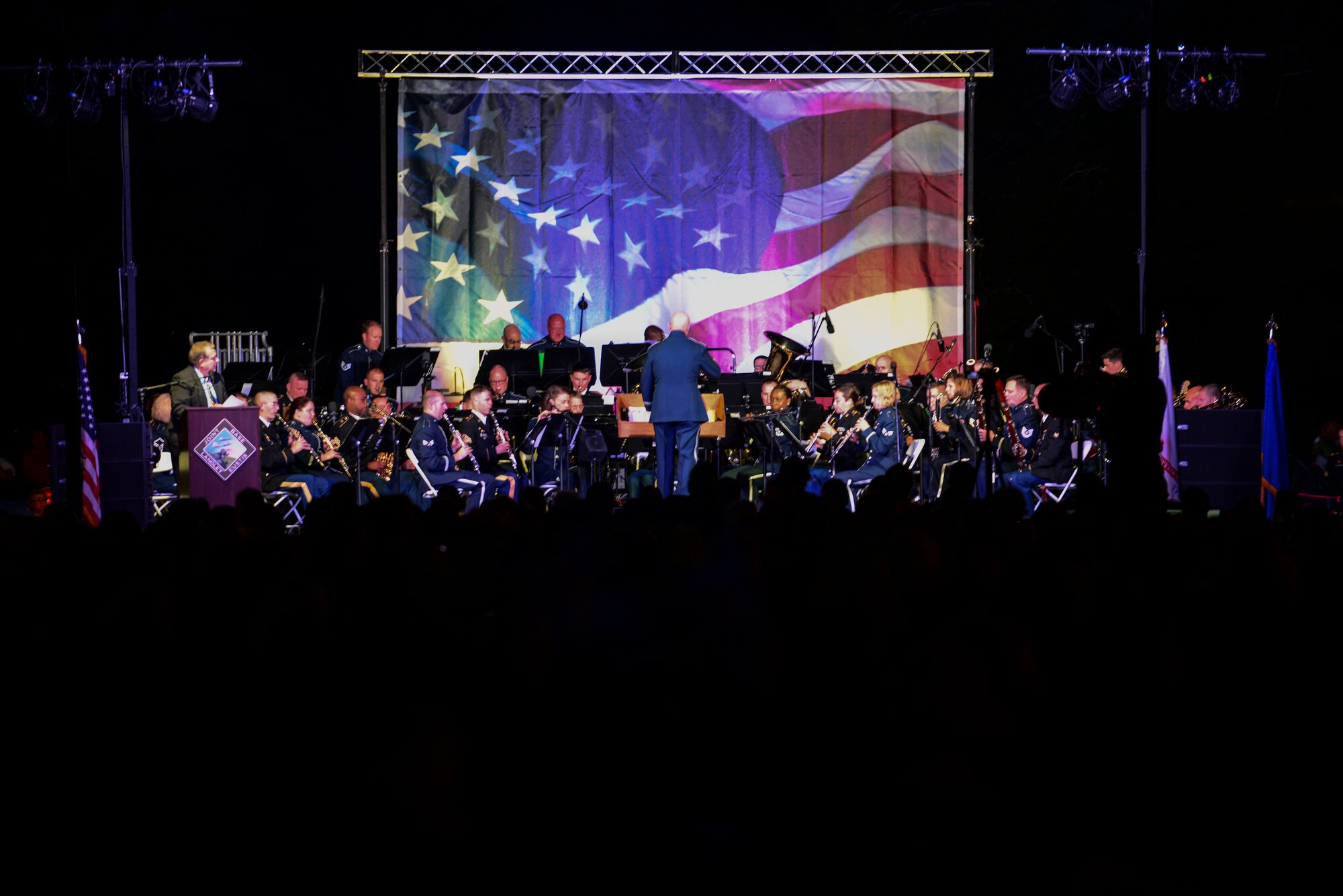 The U.S. Air Force Heritage of America and the U.S. Army Training and Doctrine Command bands perform during the Constitution Day “Support and Defend” concert in Williamsburg, Va., Sept 17, 2014. Between both bands, for the last six years there has been a presence of military showmanship during the Constitution Day event. (U.S. Air Force photo by Airman 1st Class Kimberly Nagle/Released)
