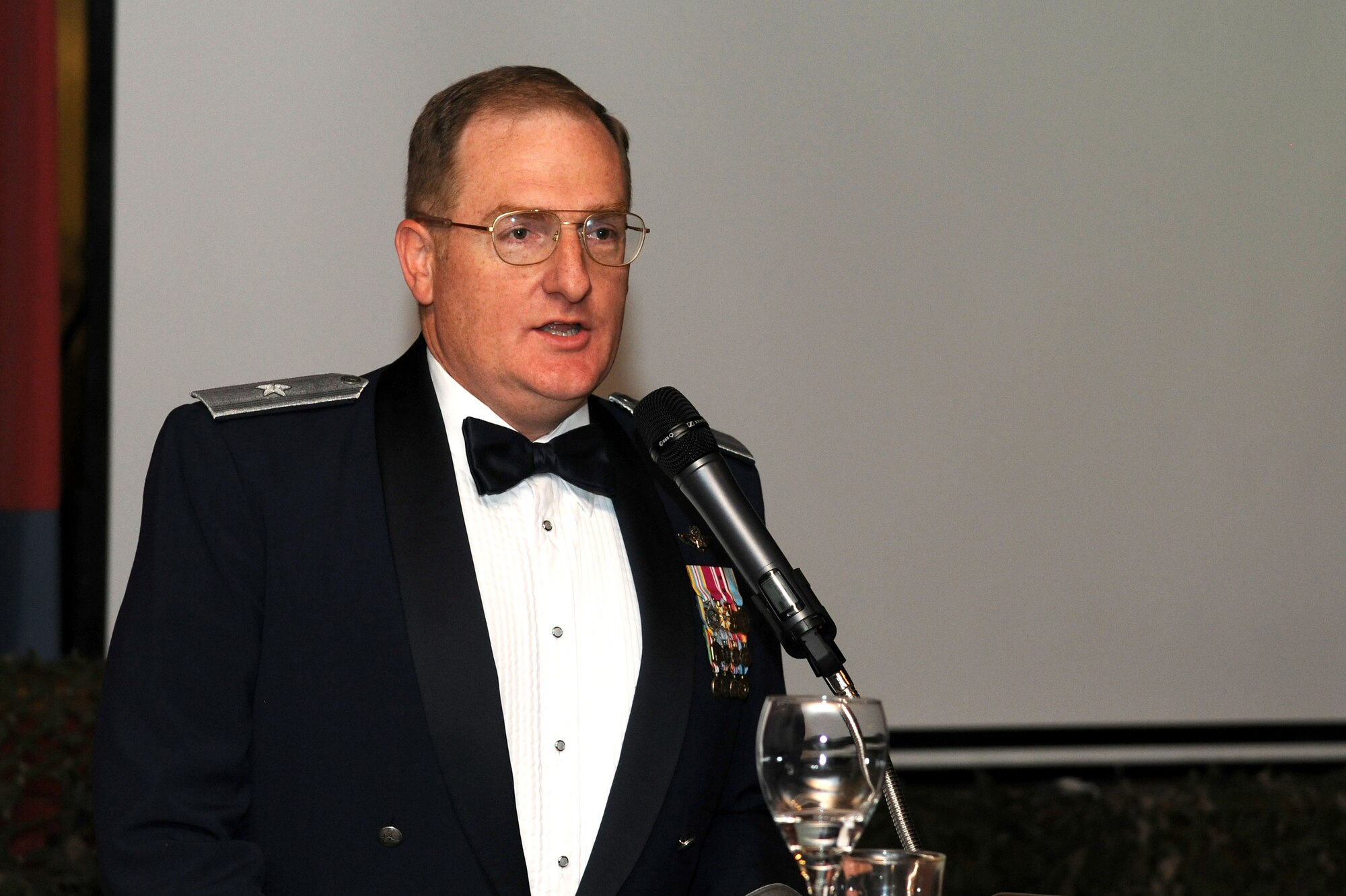 U.S. Air Force Gen. Douglas Cox, U.S. Air Forces in Europe-United Kingdom director, speaks at the Air Force Ball Sept. 20, 2014, on RAF Mildenhall, England. The event celebrated the Air Force's 67 years as an independent service. The theme for the event was “Professional Warfighter: Core Values, Keys to Enduring Success.” (U.S. Air Force photo/Senior Airman Kate Maurer/Released)