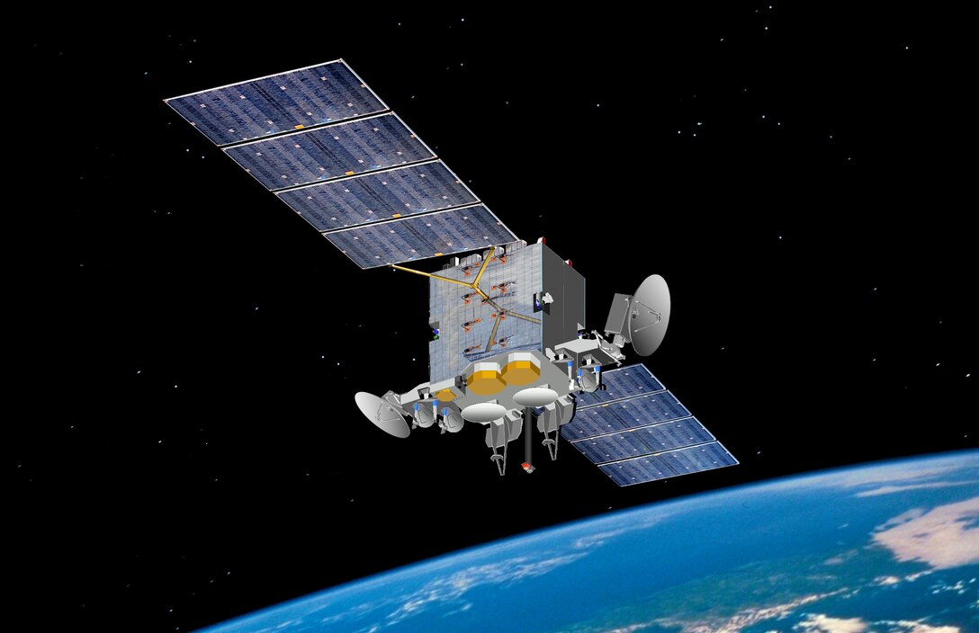 An artist's rendering of the Advanced Extremely High Frequency satellite. AEHF-1 launched Aug. 14, 2010, and reached its operational geosynchronous earth orbit Oct. 24, 2011. Image by the Space and Missile Systems Center courtesy of the 50th Space Wing public website