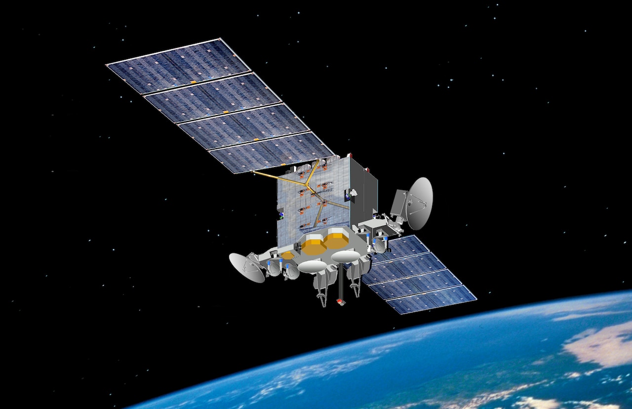 An artist's rendering of the Advanced Extremely High Frequency satellite. AEHF-1 launched Aug. 14, 2010, and reached its operational geosynchronous earth orbit Oct. 24, 2011. Image by the Space and Missile Systems Center courtesy of the 50th Space Wing public website