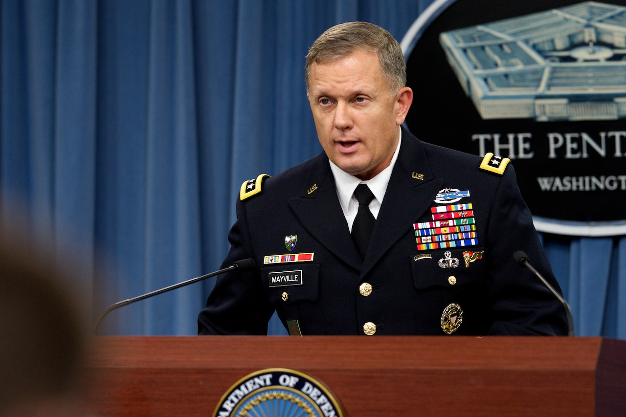 Army Lt. Gen. William C. Mayville Jr., director of operations for the Joint Staff, describes the airstrikes U.S. and coalition forces conducted on ISIL targets in Syria and Iraq during a press briefing at the Pentagon, Sept. 23, 2014. DoD photo by Casper Manlangit.