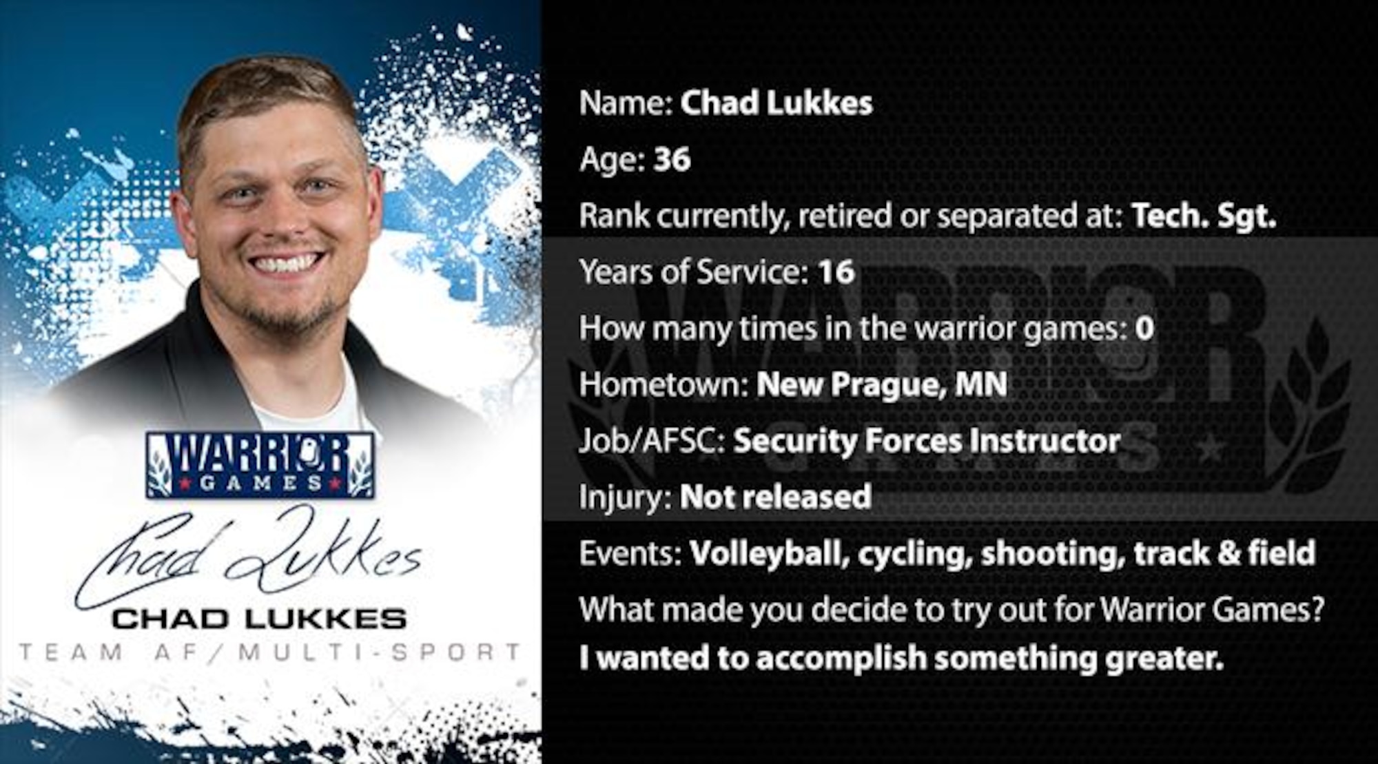 Warrior Games profile for Chad Lukkes. (U.S. Air Force graphic/Corey Parrish)
